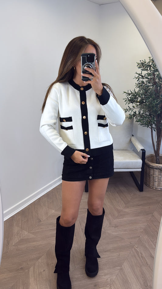 LINA white contrast cardigan with gold buttons