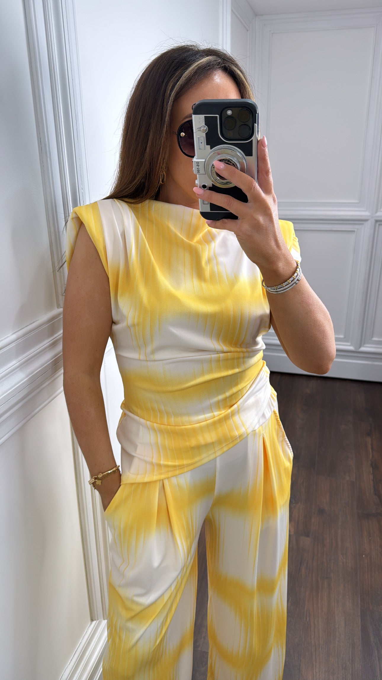 JADA yellow asymmetrical top and trousers co-ord