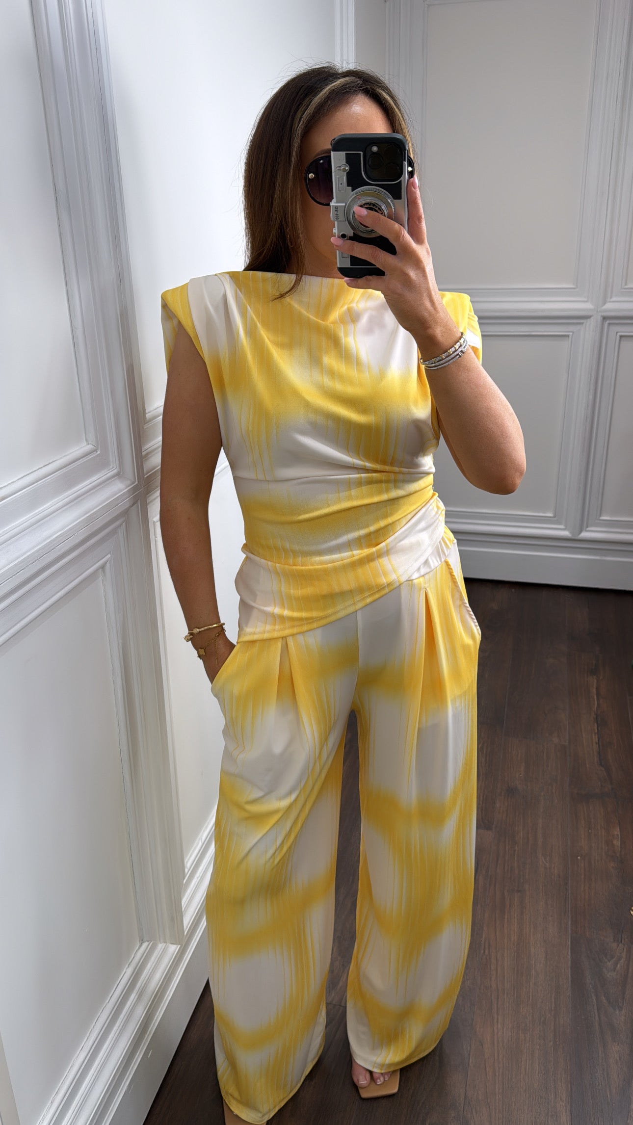 JADA yellow asymmetrical top and trousers co-ord