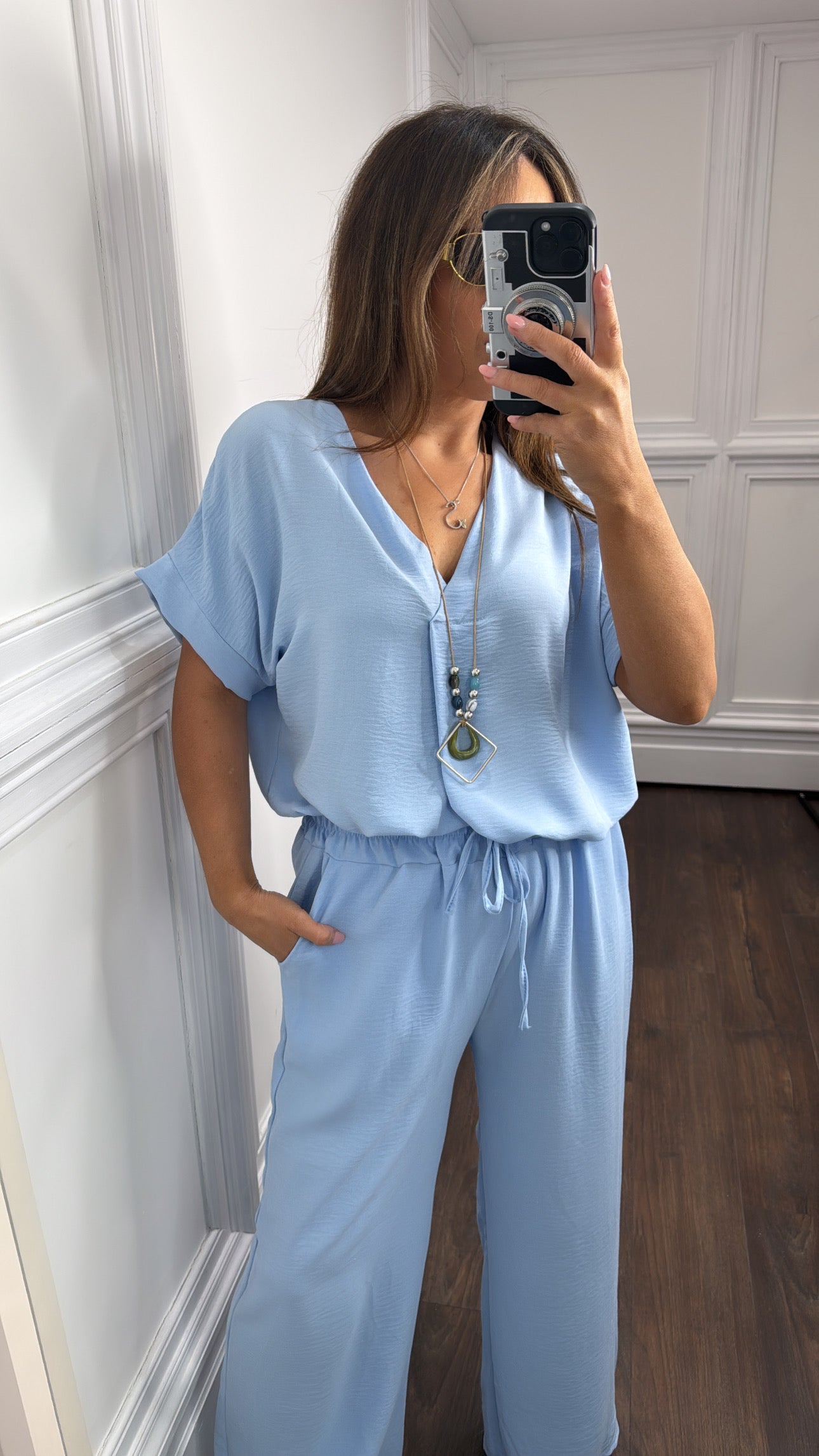 SERENE powder blue tunic top and wide leg co-ord with necklace