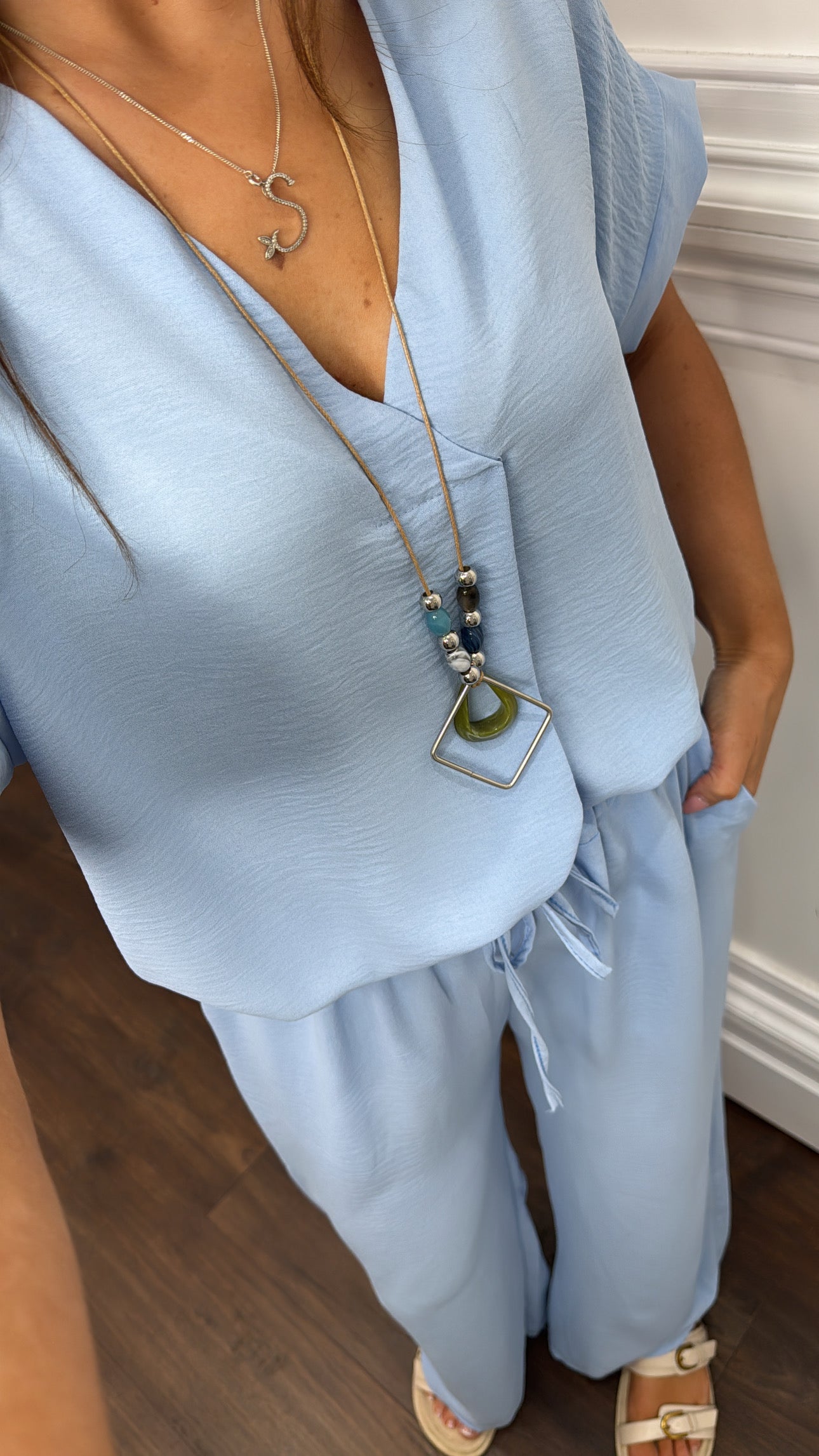 SERENE powder blue tunic top and wide leg co-ord with necklace