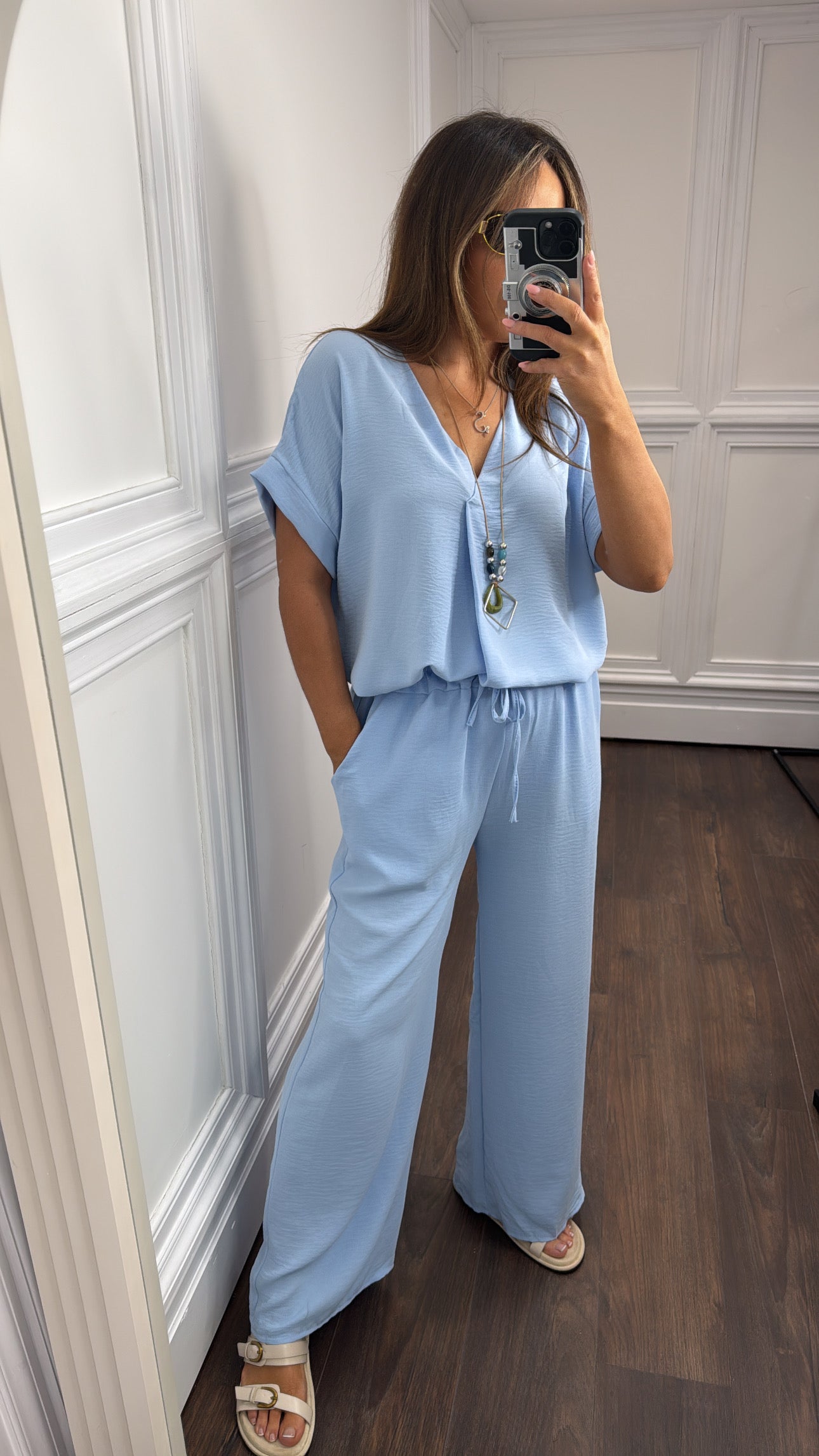 SERENE powder blue tunic top and wide leg co-ord with necklace