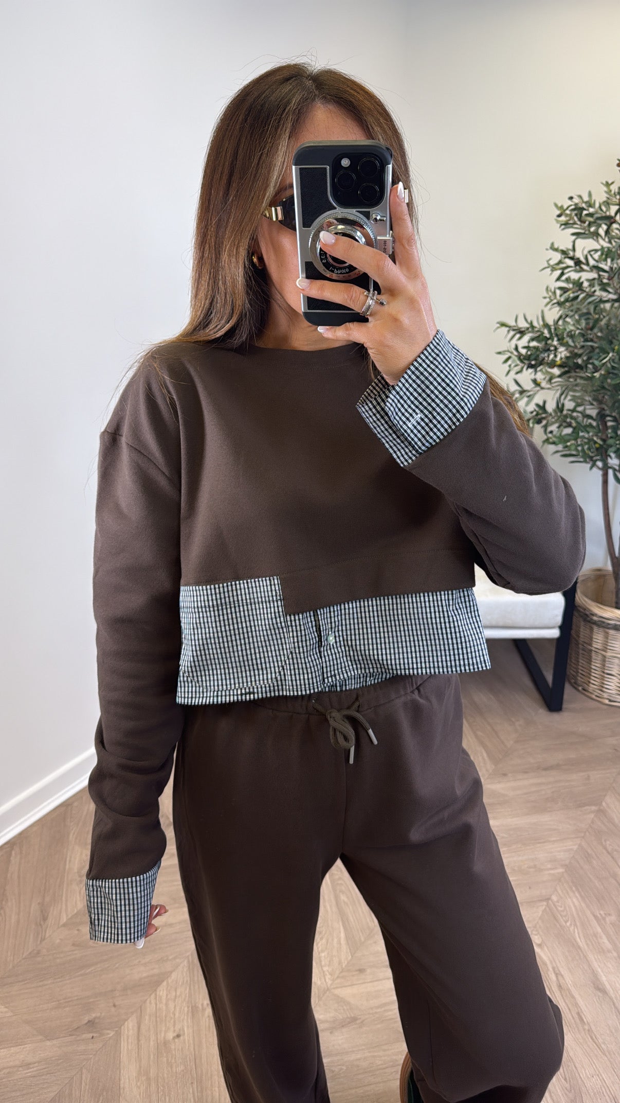 ELLA brown check detail top and trousers tracksuit