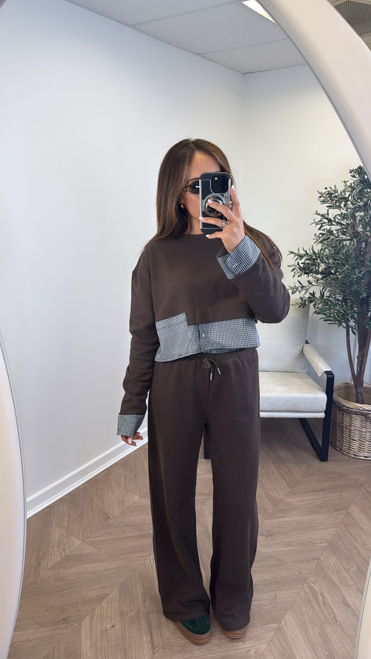 ELLA brown check detail top and trousers tracksuit