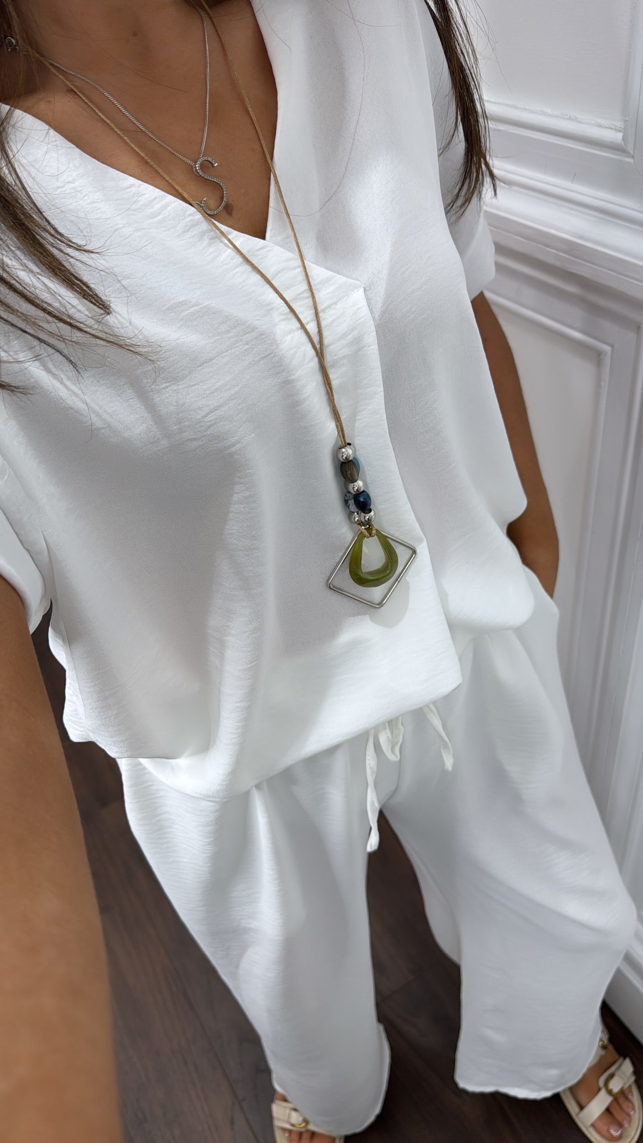 SERENE white tunic top and wide leg co-ord with necklace