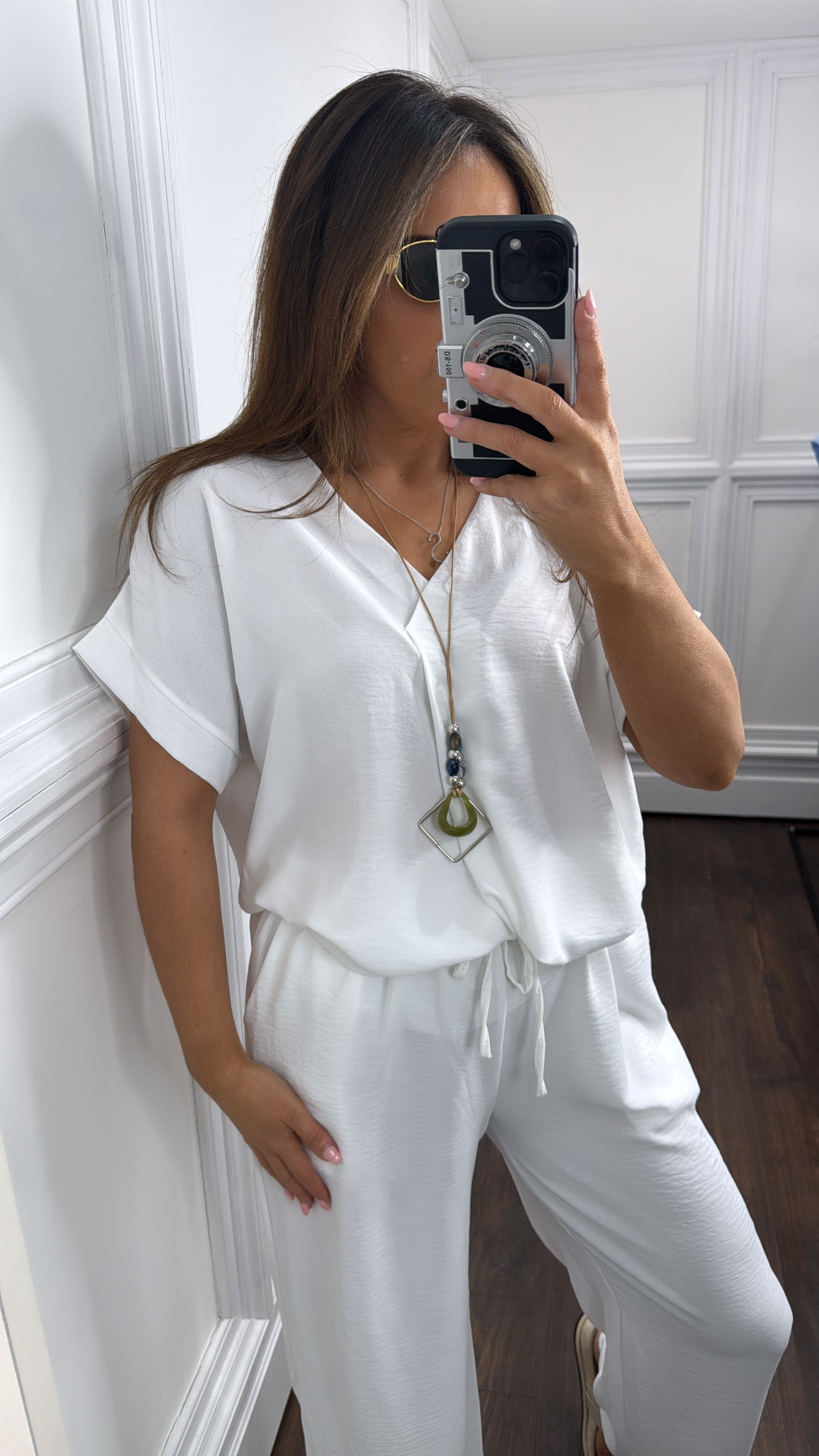 SERENE white tunic top and wide leg co-ord with necklace