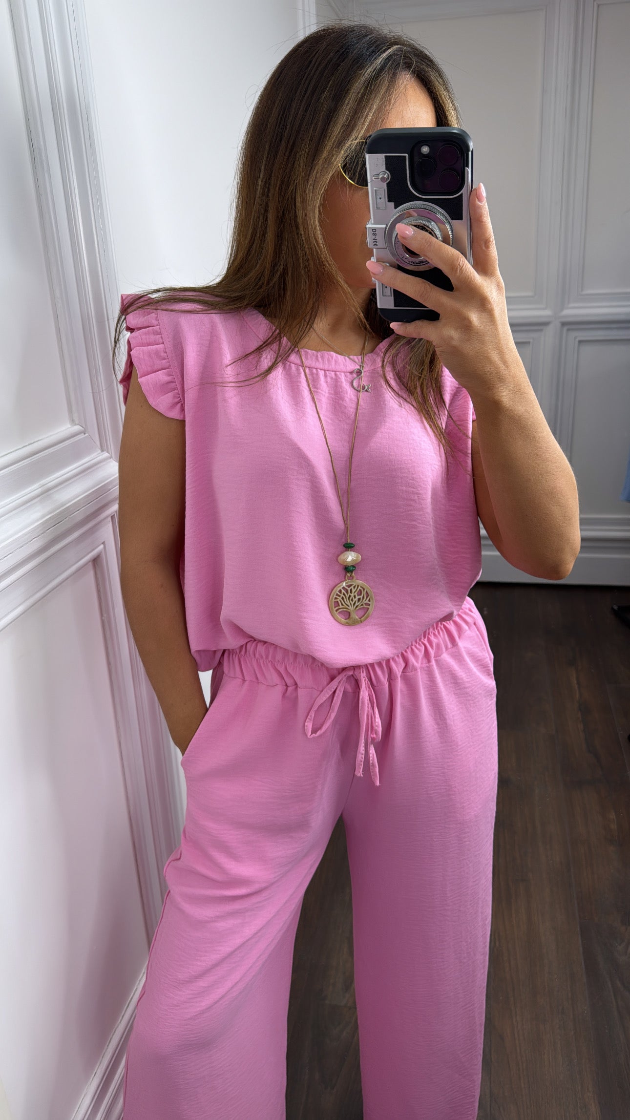 NINA bubblegum pink ruffle top and wide leg co-ord set