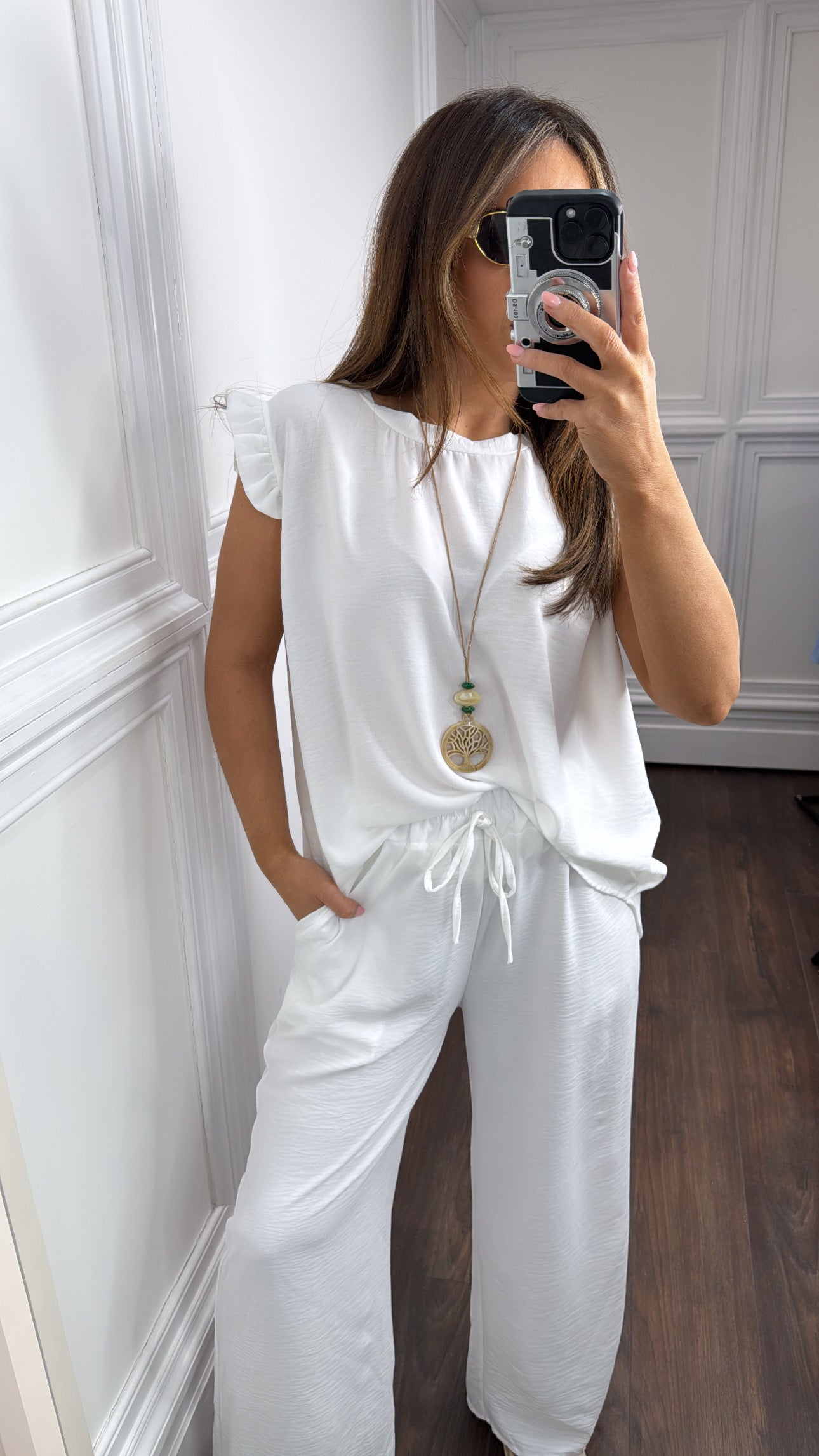 NINA white ruffle top and wide leg co-ord set
