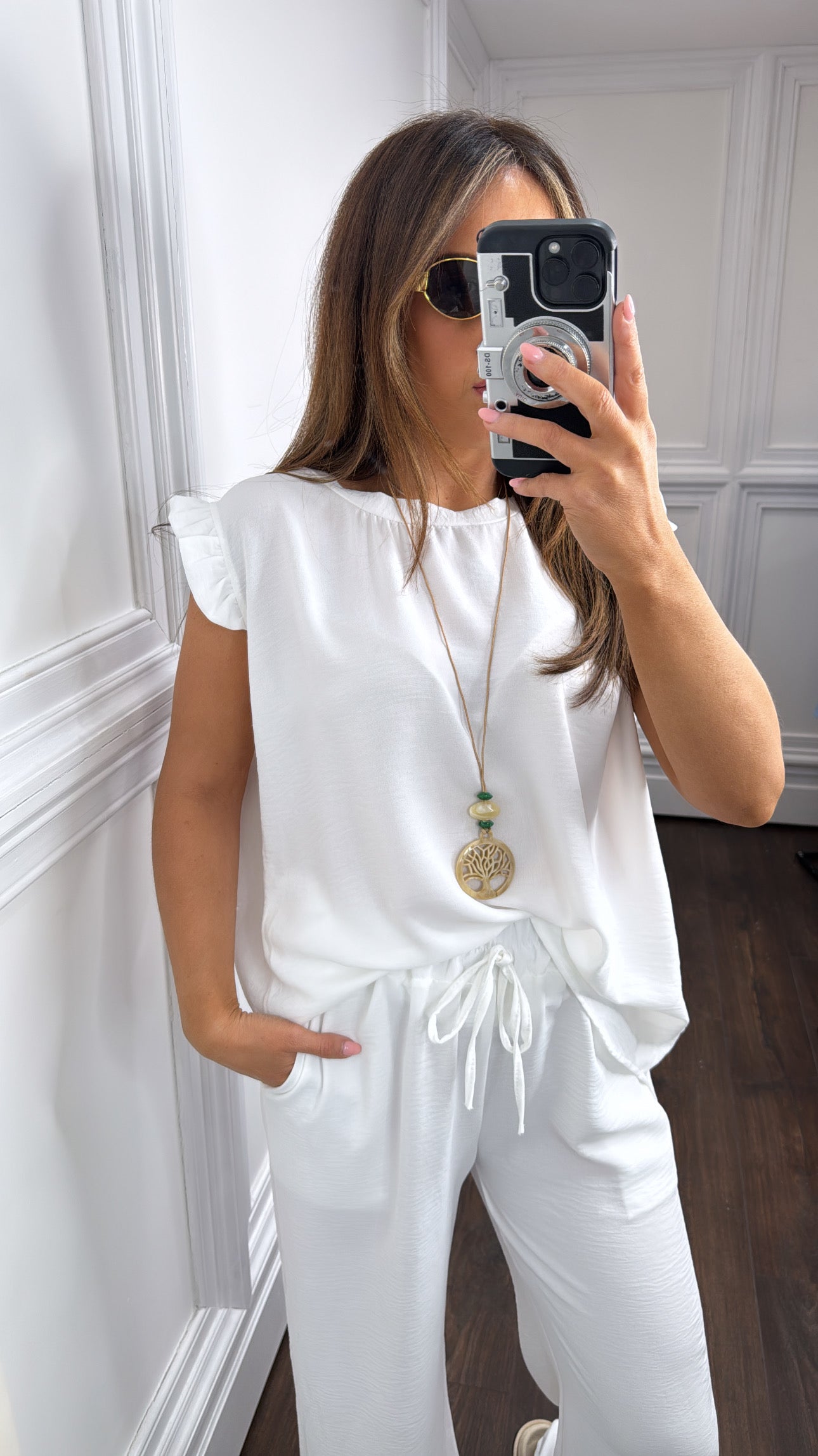 NINA white ruffle top and wide leg co-ord set