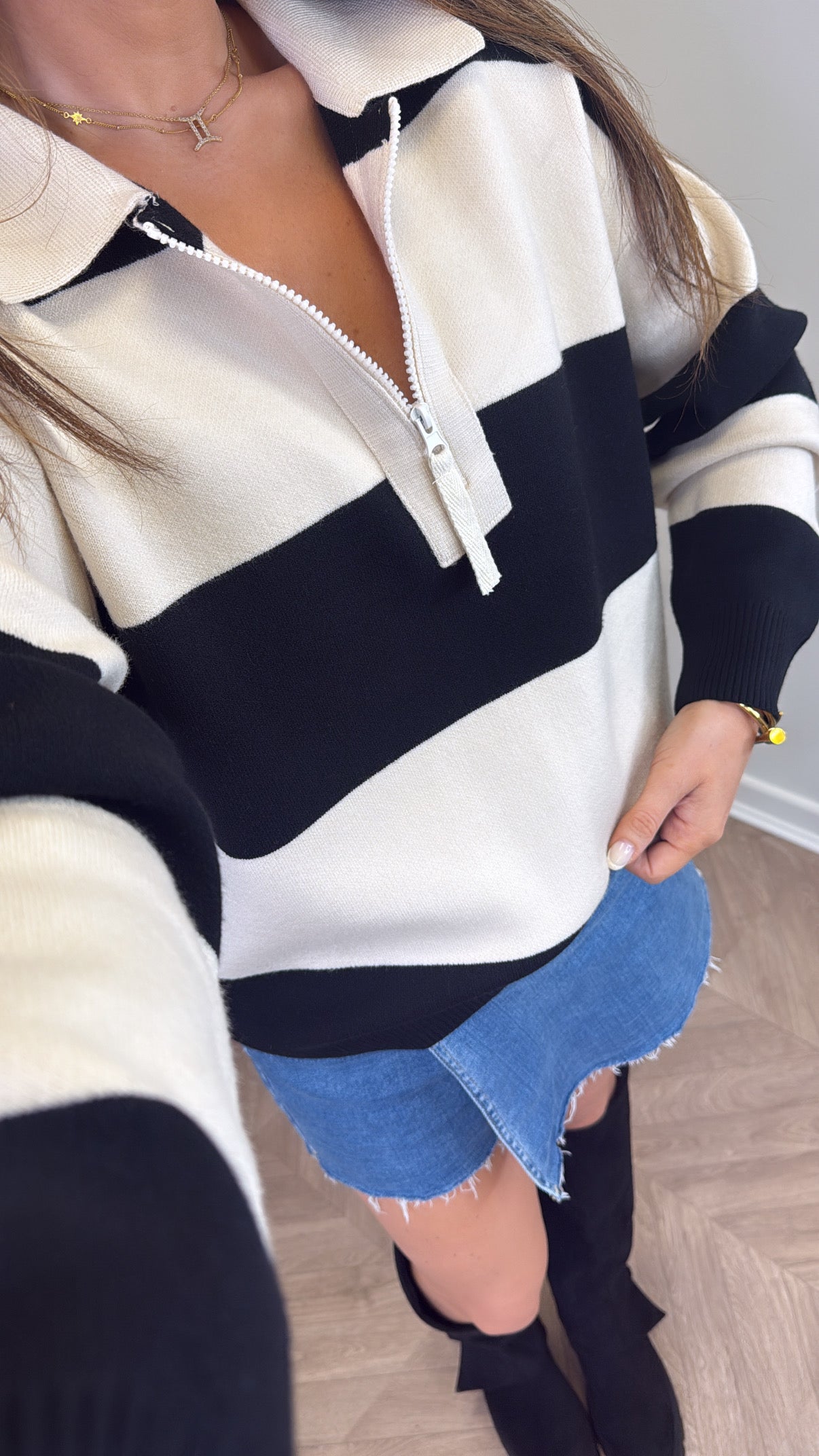 EVIE black and cream stripe knitted polo jumper
