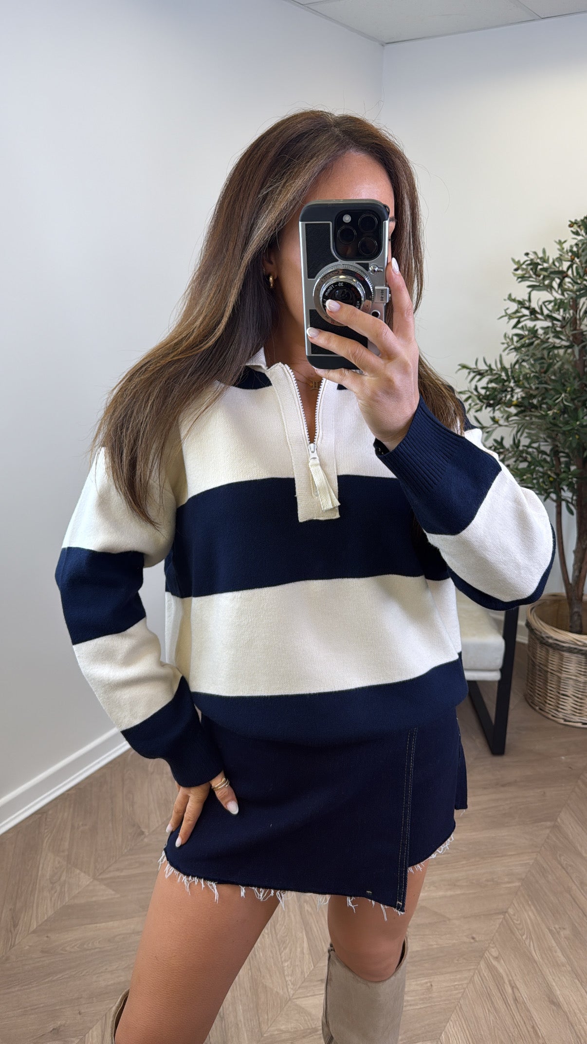 EVIE navy and cream stripe knitted polo jumper