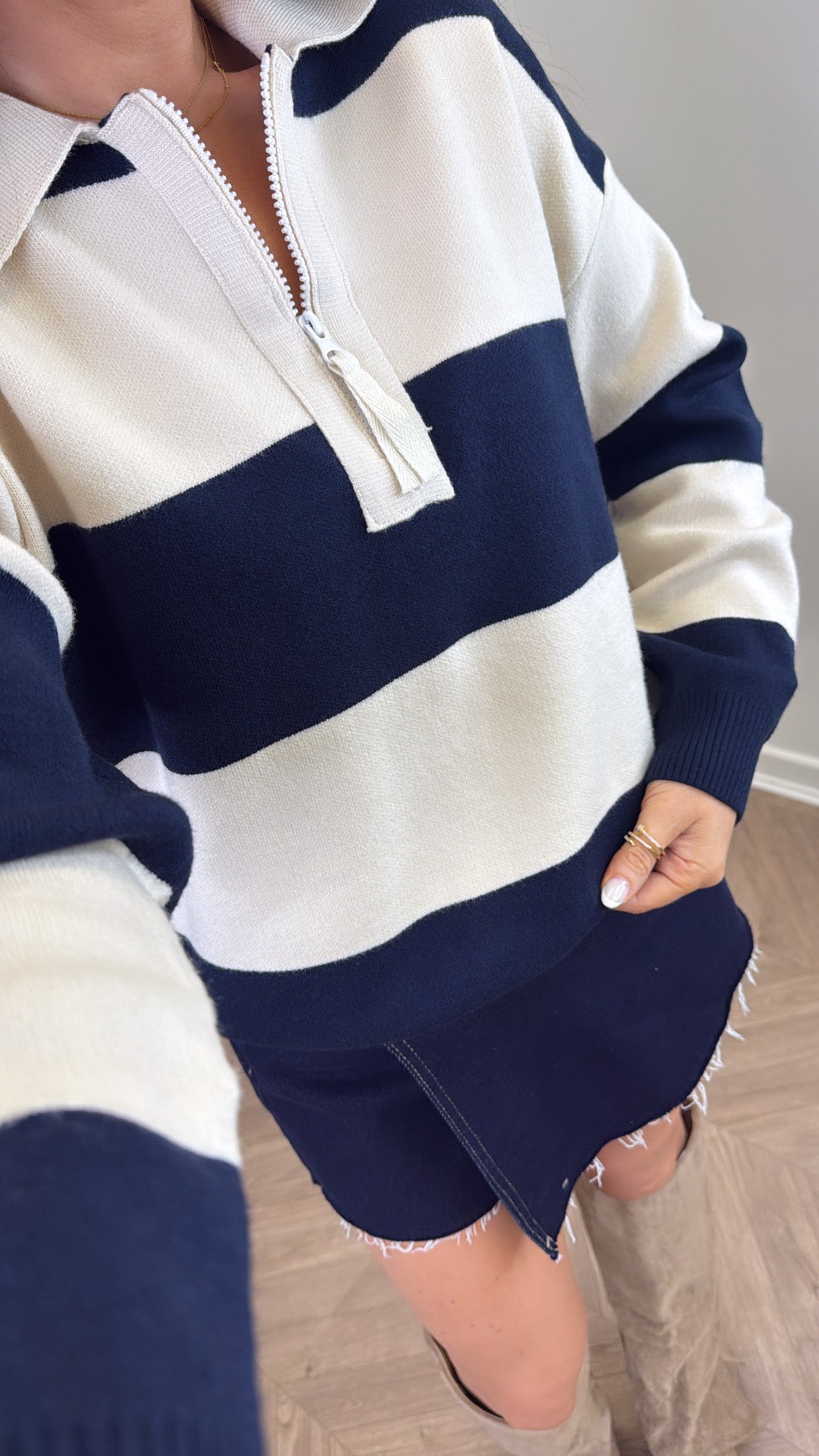 EVIE navy and cream stripe knitted polo jumper