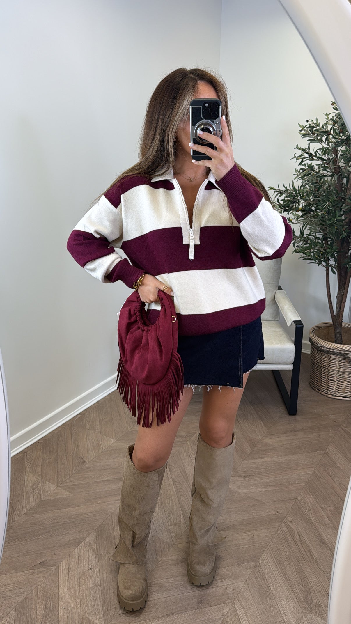 EVIE burgundy and cream stripe knitted polo jumper