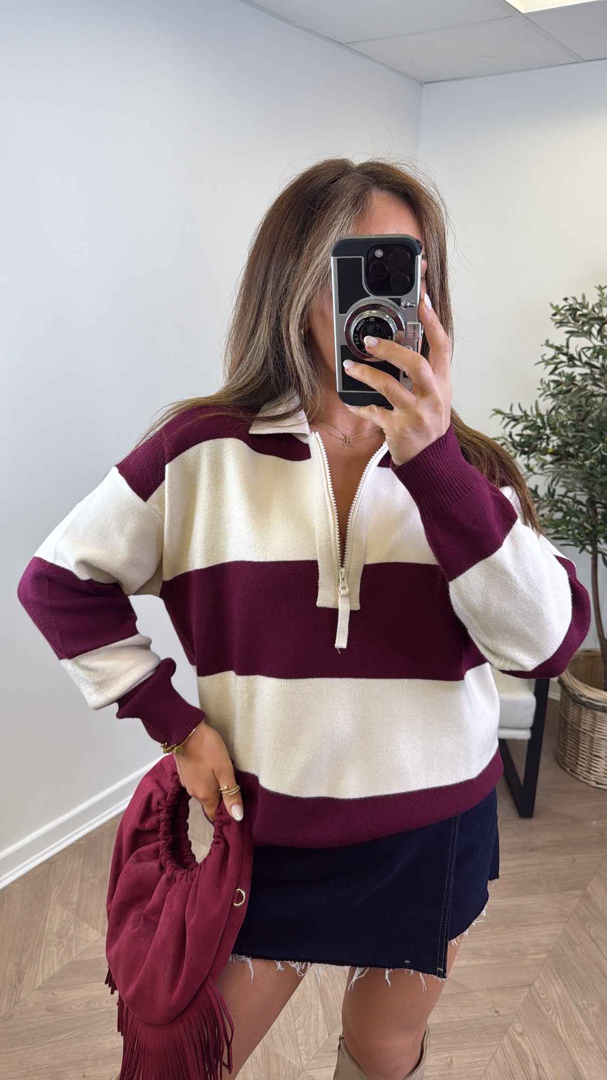 EVIE burgundy and cream stripe knitted polo jumper