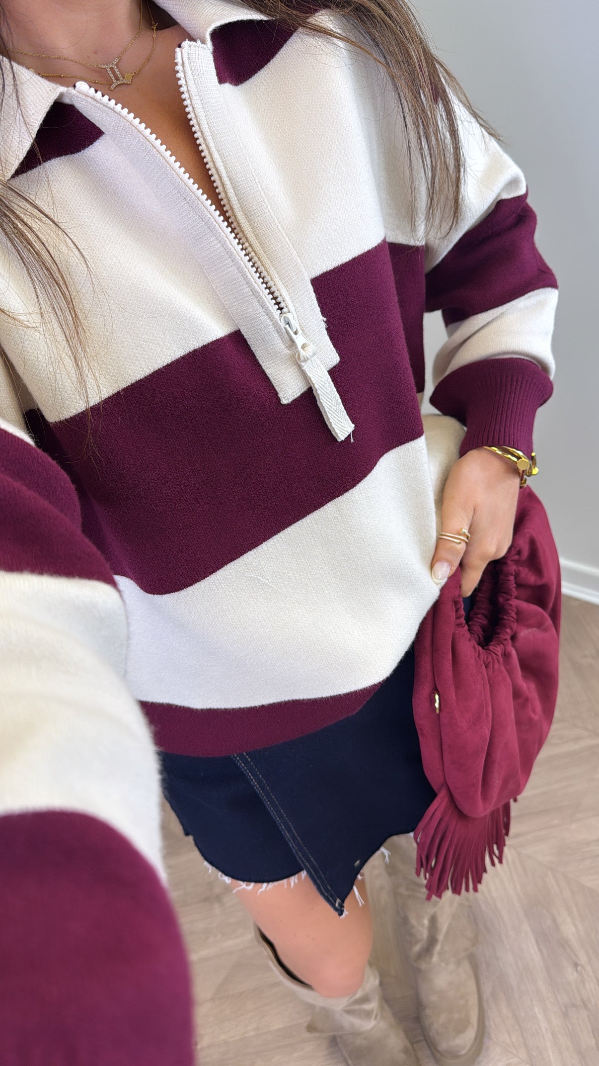 EVIE burgundy and cream stripe knitted polo jumper