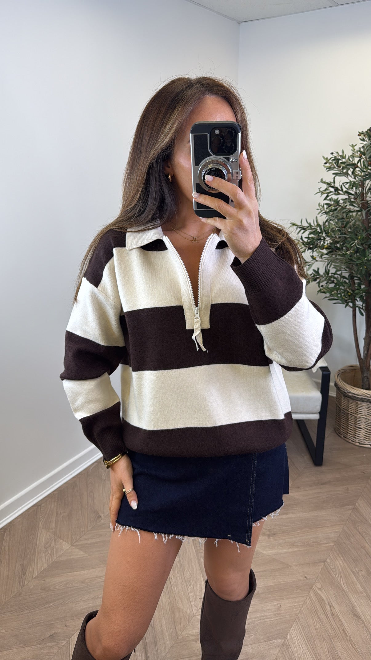 EVIE brown and cream stripe knitted polo jumper