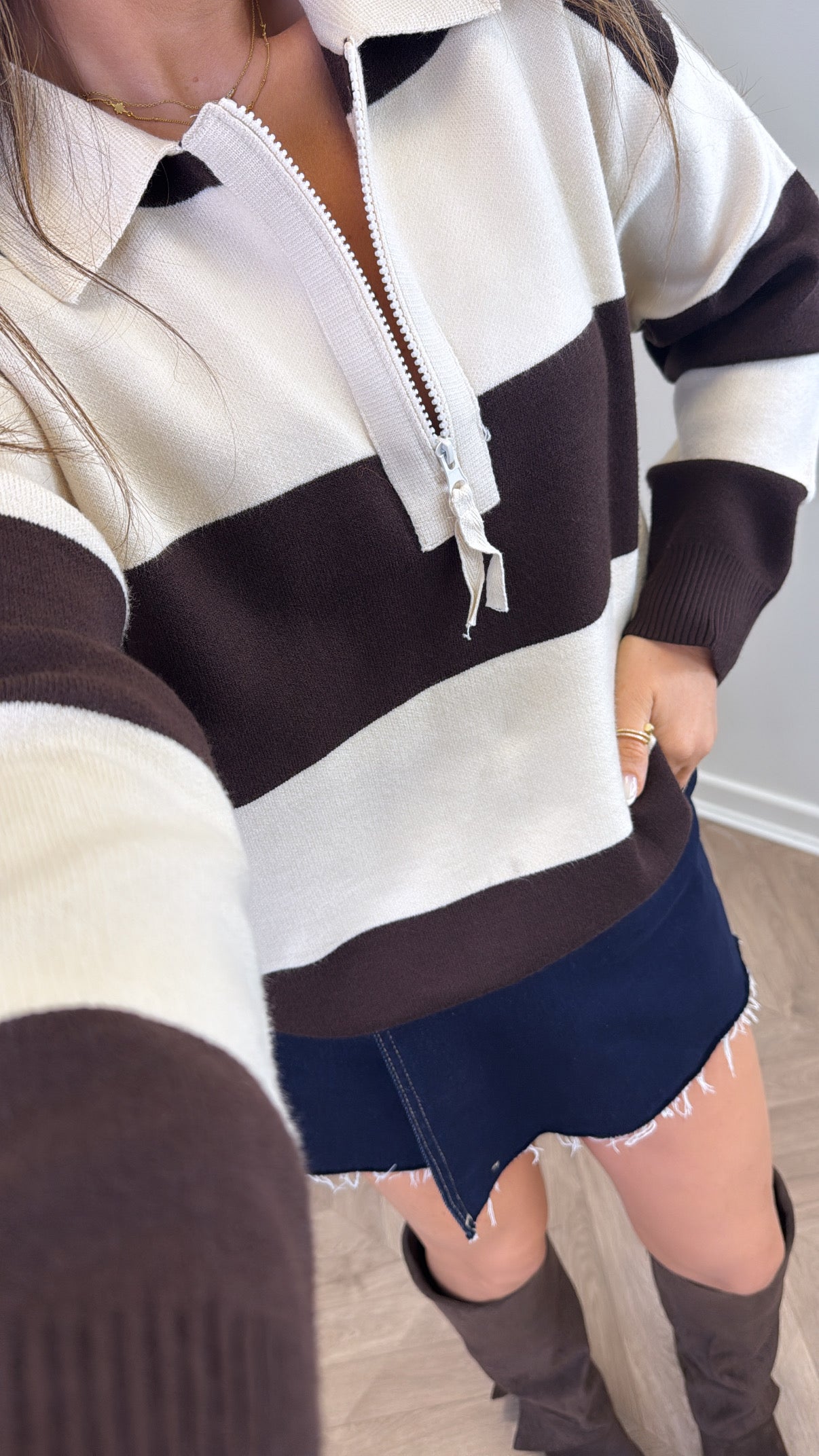 EVIE brown and cream stripe knitted polo jumper