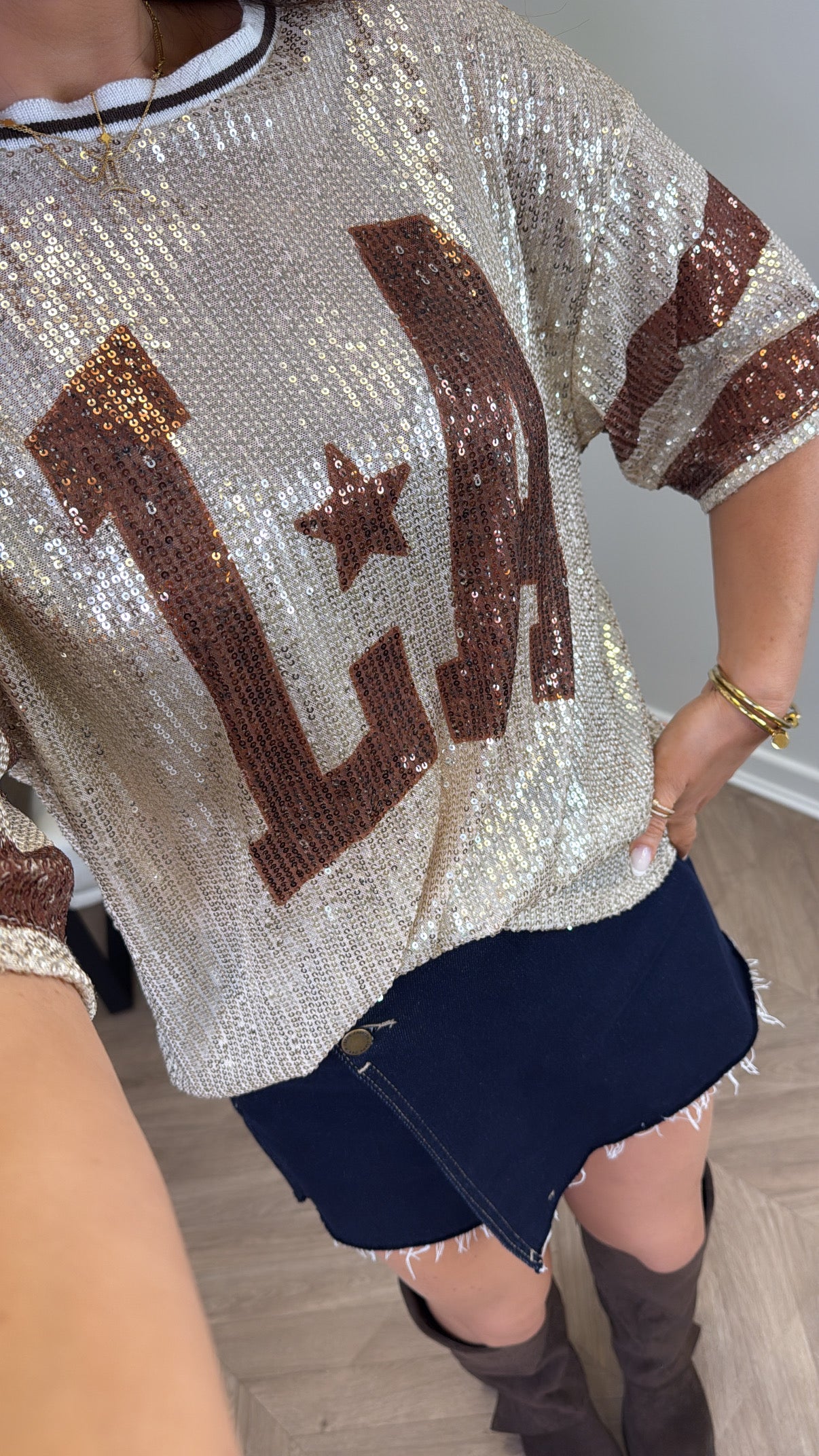 KASEY brown and gold sequin LA top