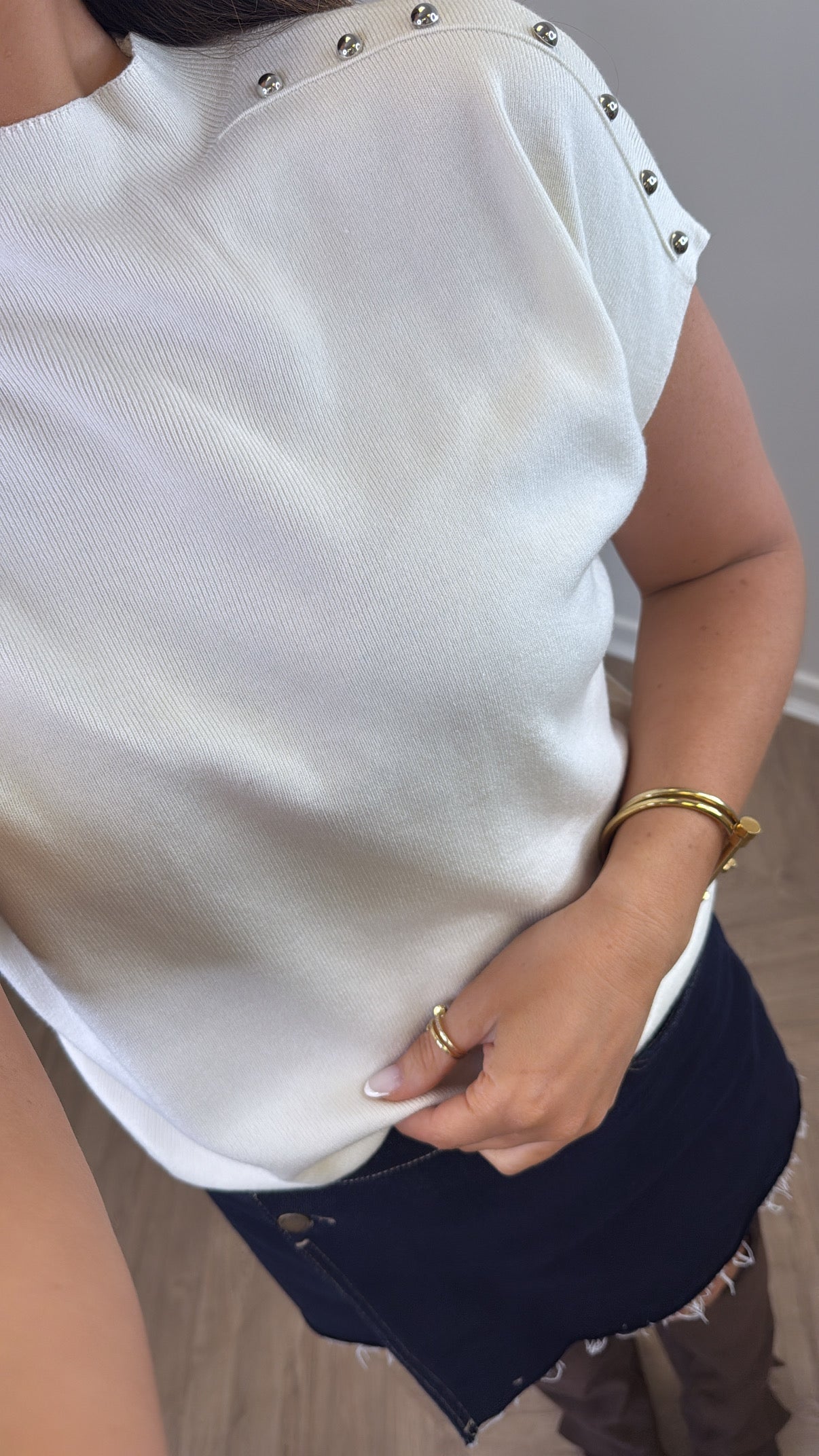 KAYLA cream fine knit stud detail top