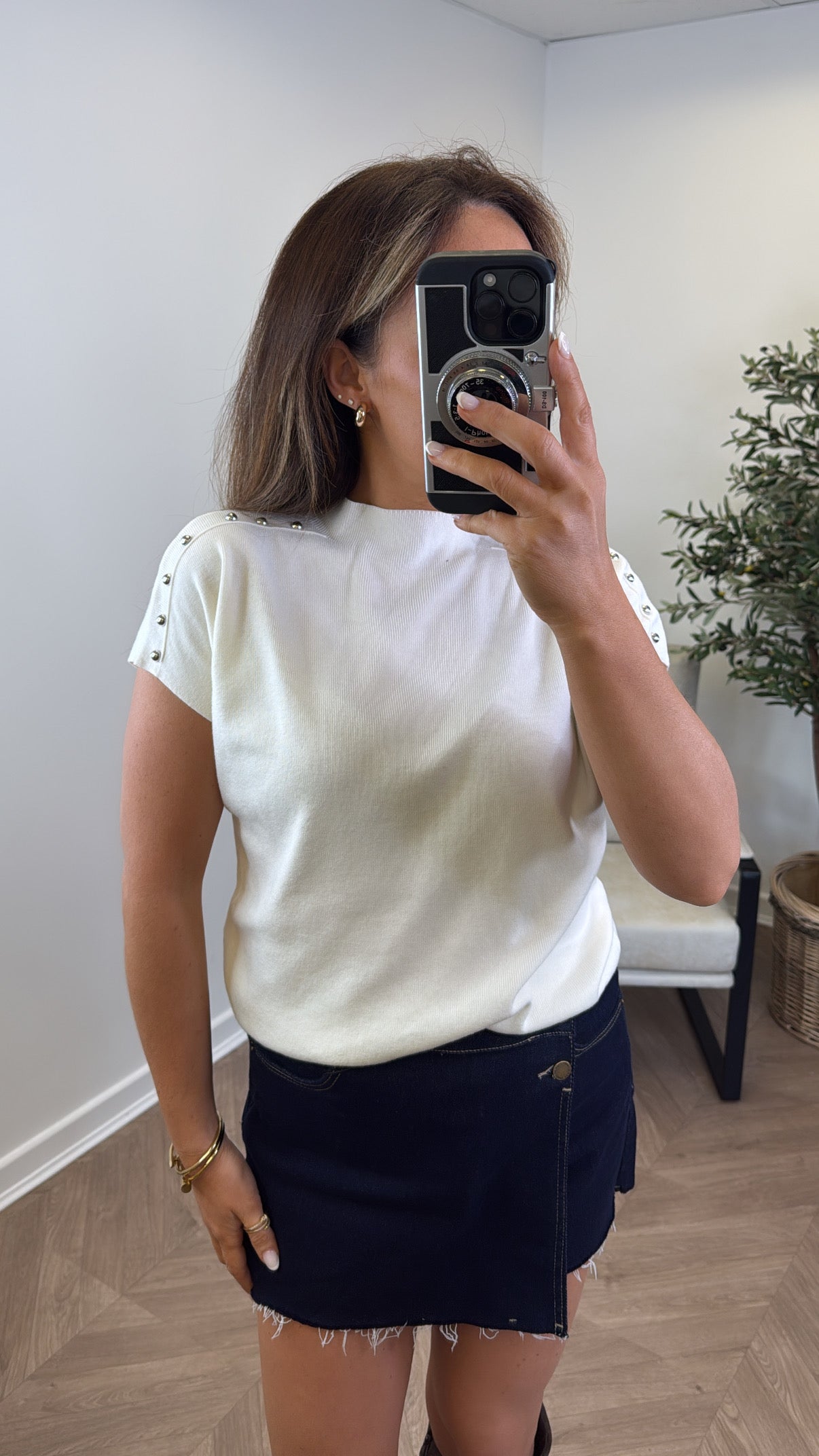 KAYLA cream fine knit stud detail top