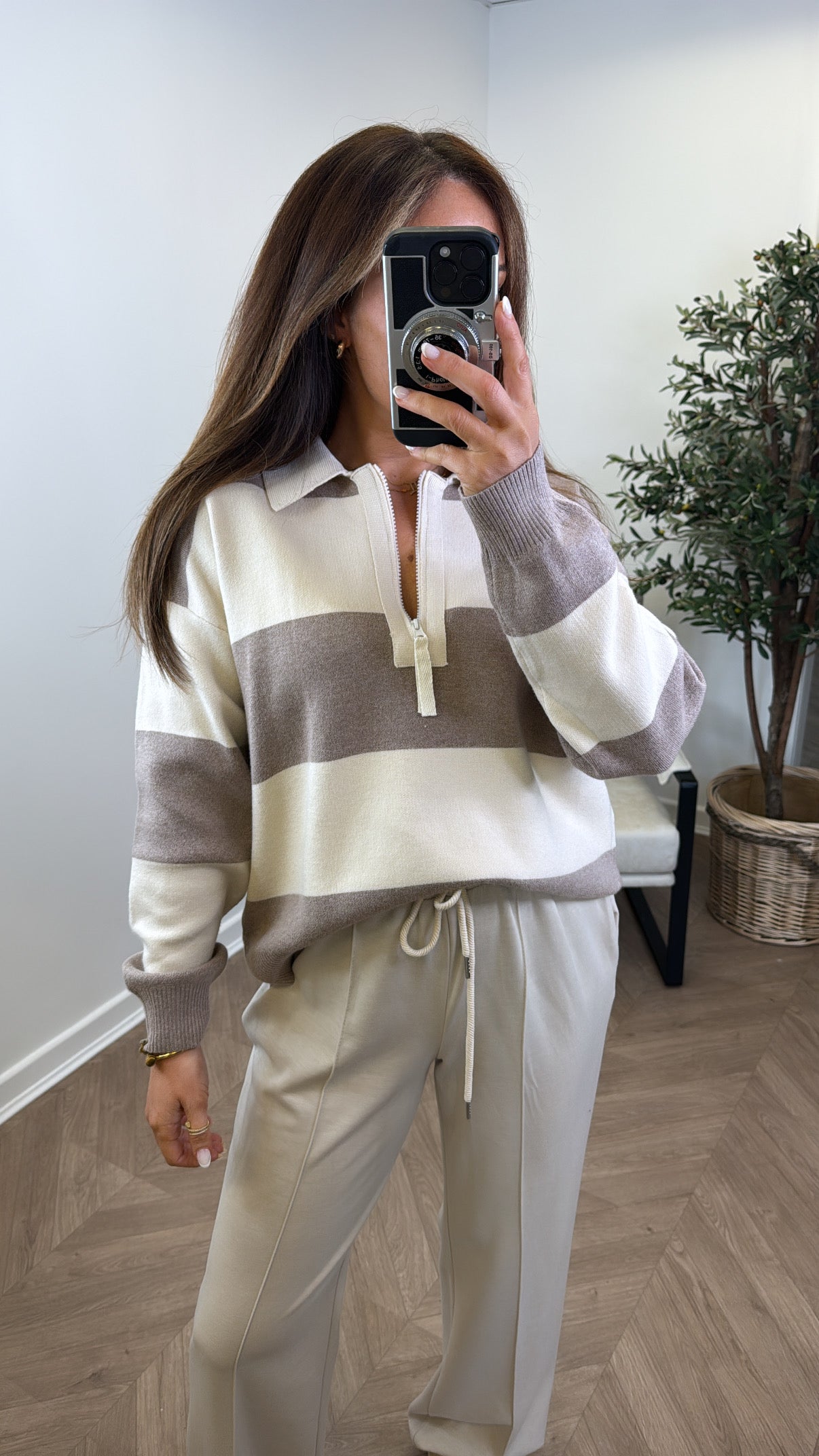 EVIE beige and cream stripe knitted polo jumper