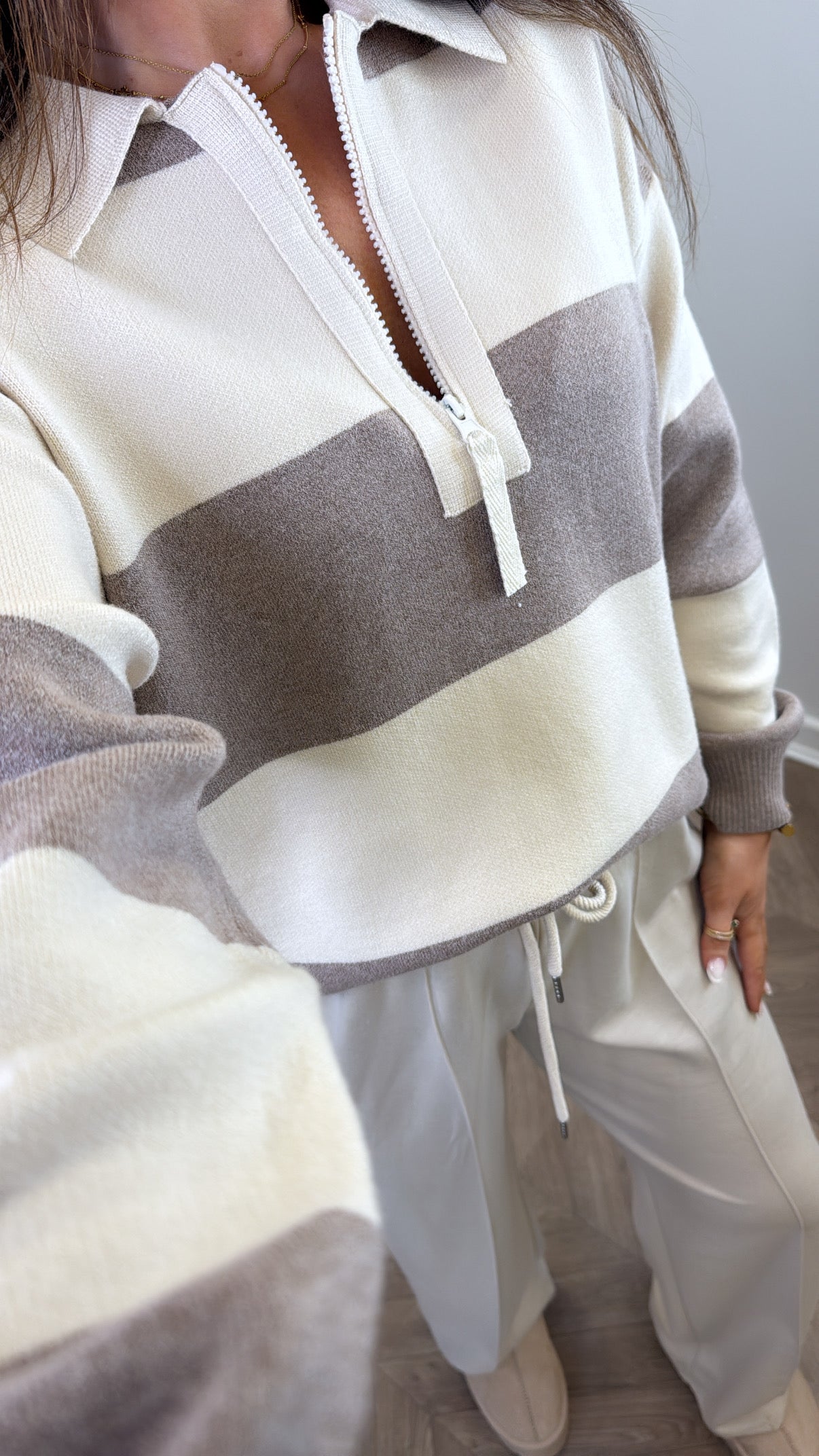 EVIE beige and cream stripe knitted polo jumper
