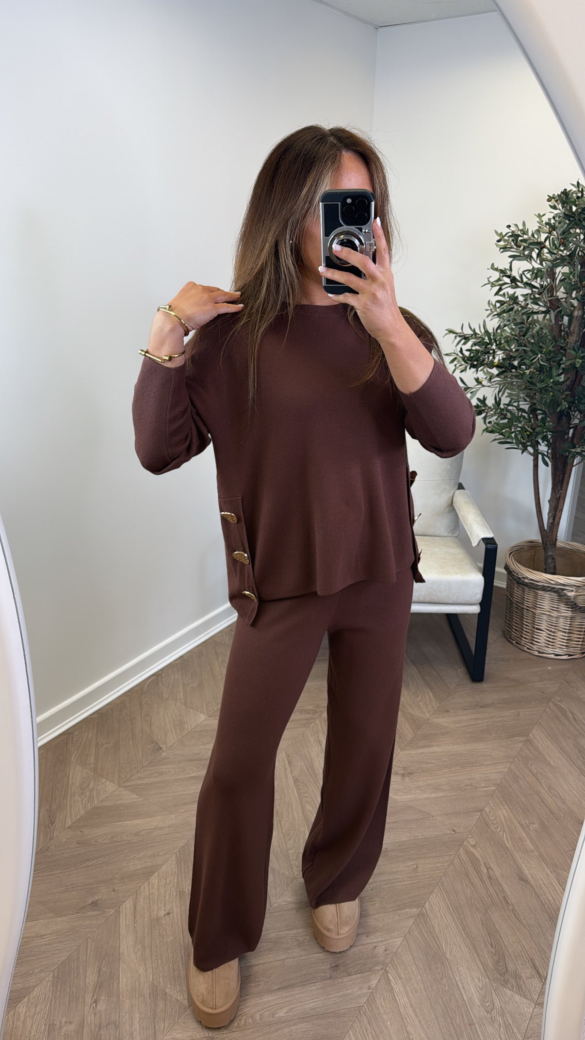 HARPER brown top and trousers knitted lounge set