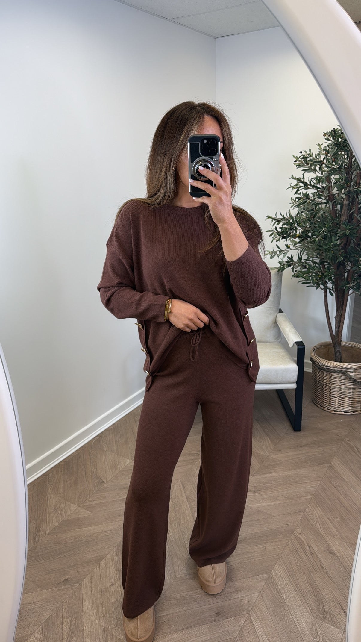 HARPER brown top and trousers knitted lounge set