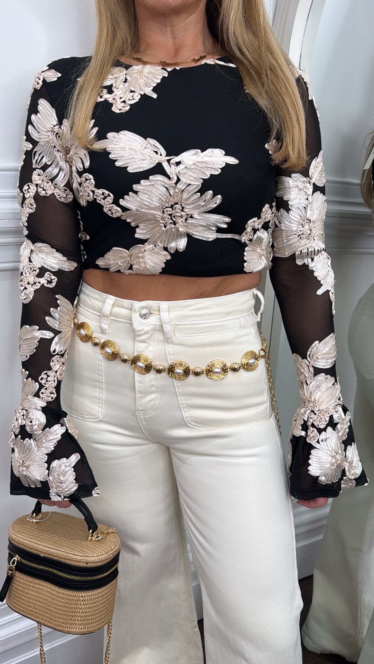 REEVA black and cream floral cuff top