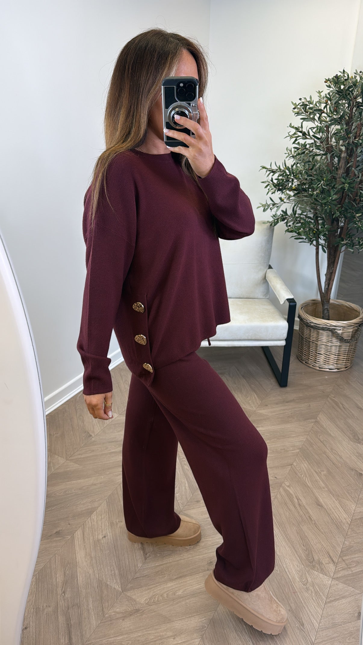 HARPER burgundy top and trousers knitted lounge set