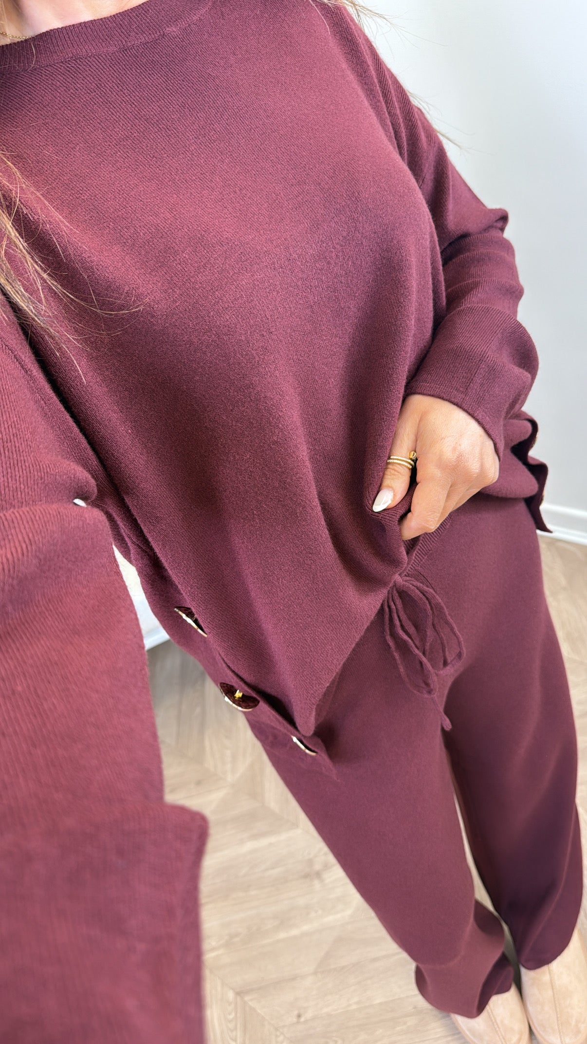 HARPER burgundy top and trousers knitted lounge set
