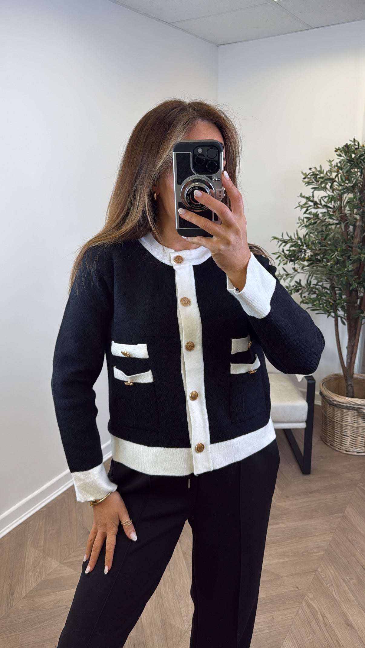 LINA black contrast cardigan with gold buttons