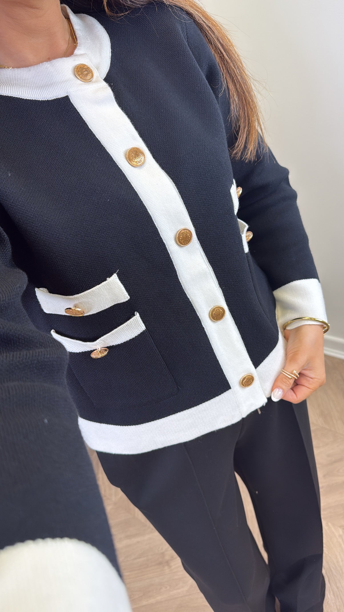 LINA black contrast cardigan with gold buttons