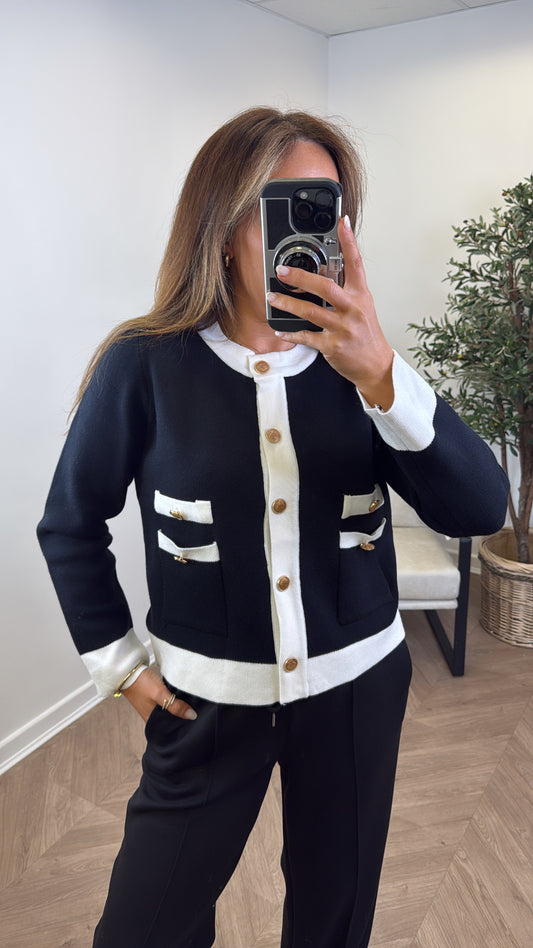 LINA black contrast cardigan with gold buttons