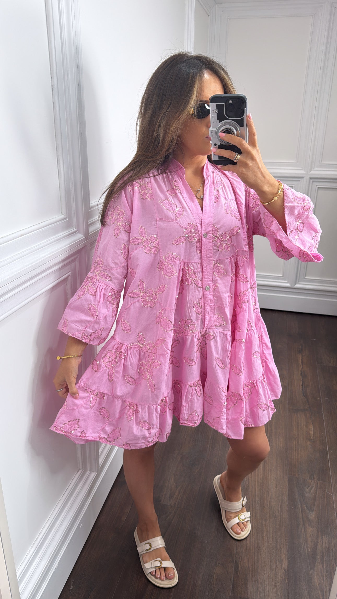 PENELOPE pink floral sequin smock dress