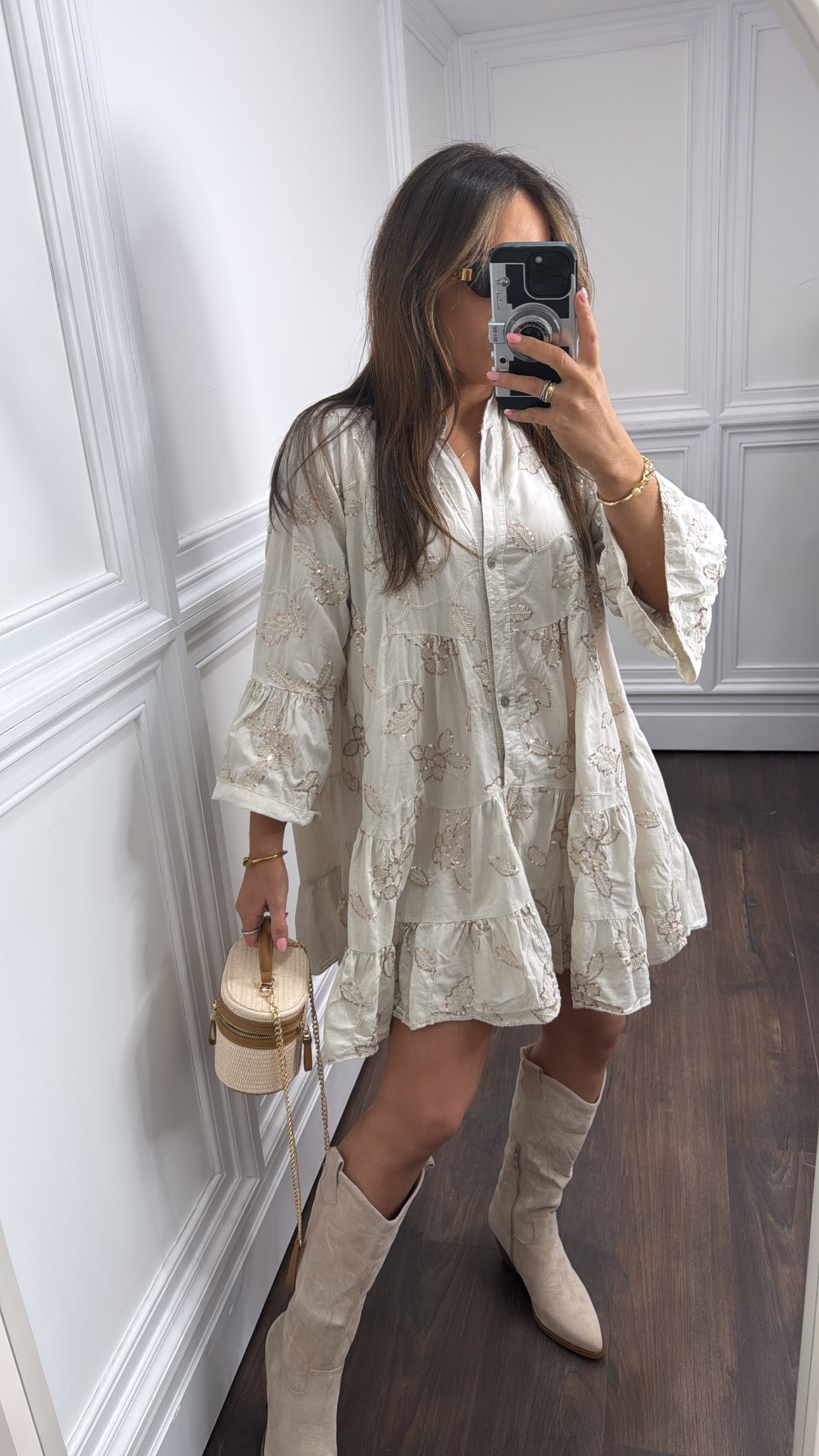 PENELOPE beige floral sequin smock dress