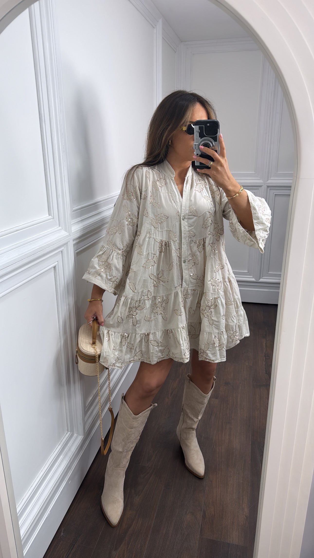 PENELOPE beige floral sequin smock dress