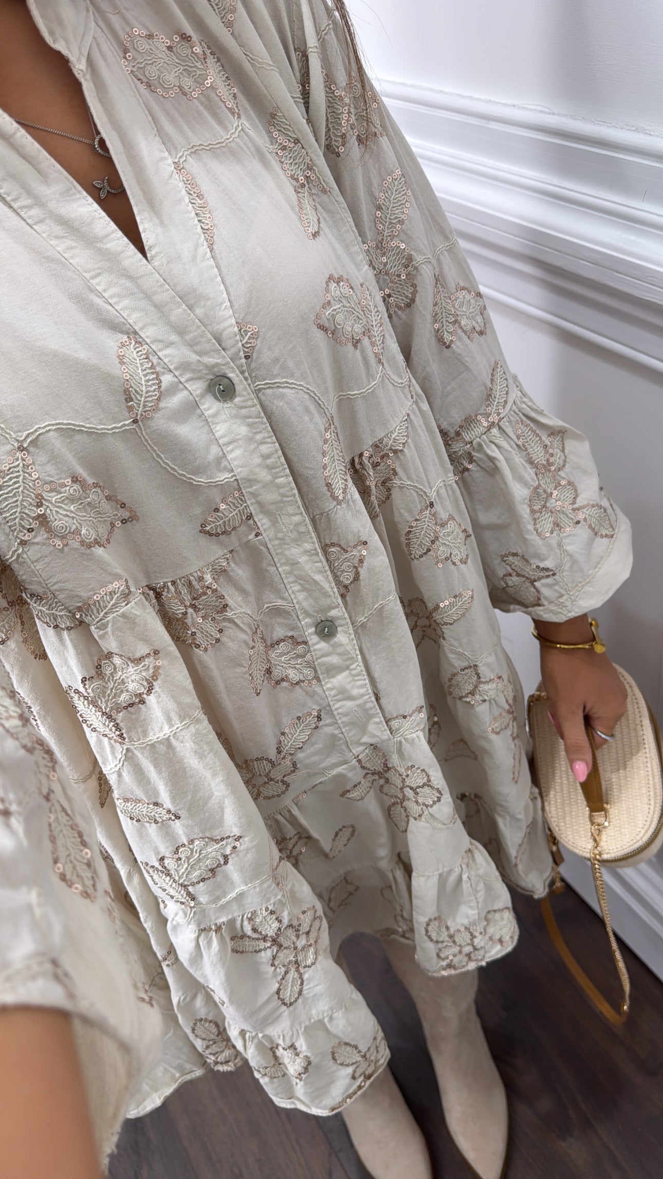 PENELOPE beige floral sequin smock dress