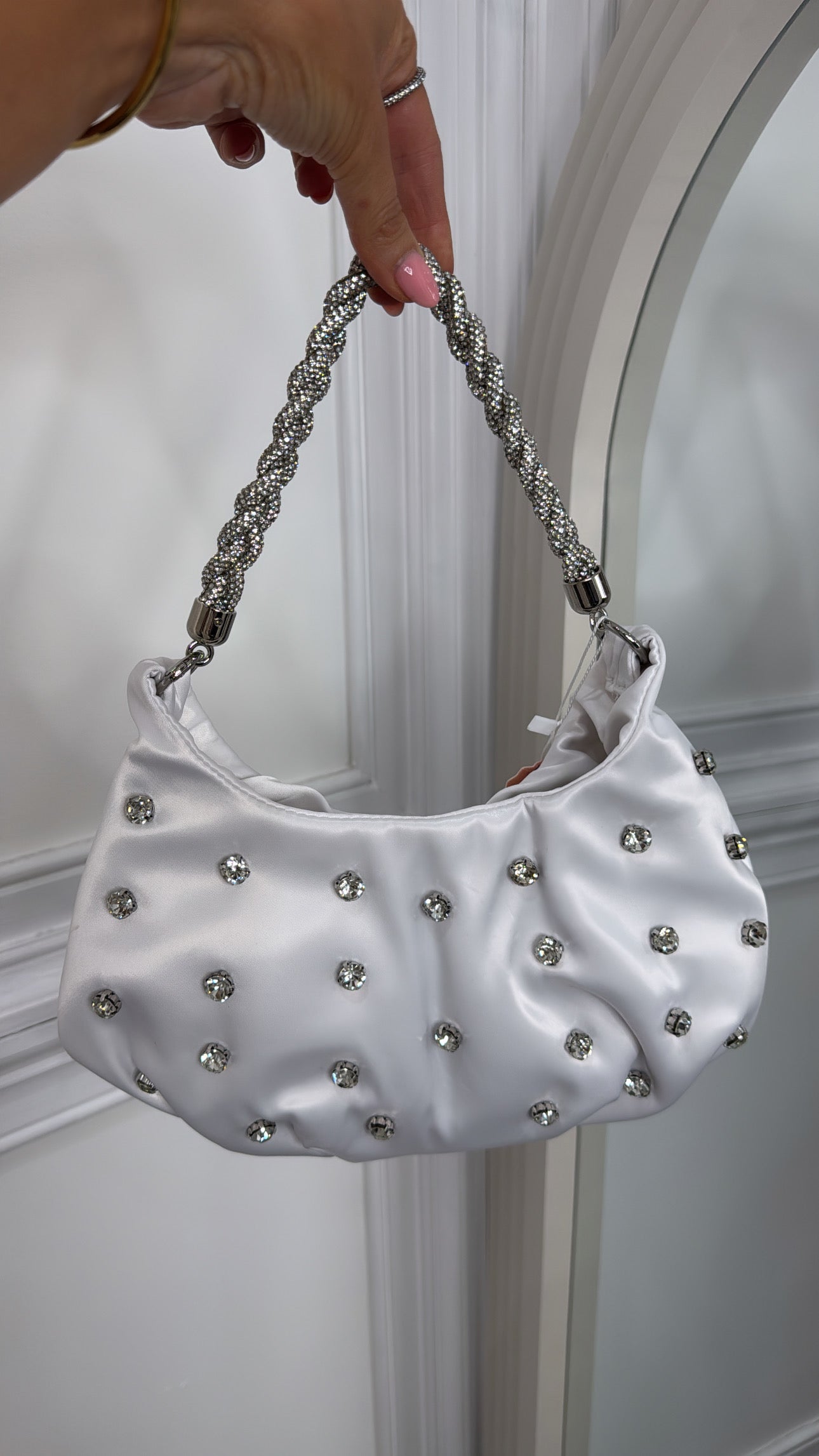 MELANIE white satin diamante bag