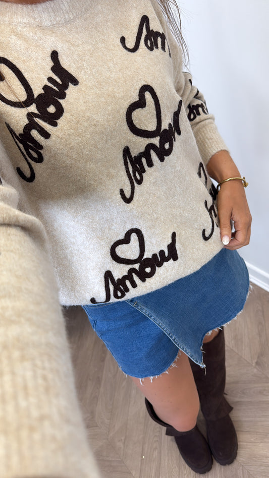 AMOUR beige fluffy jumper with embroidered detail