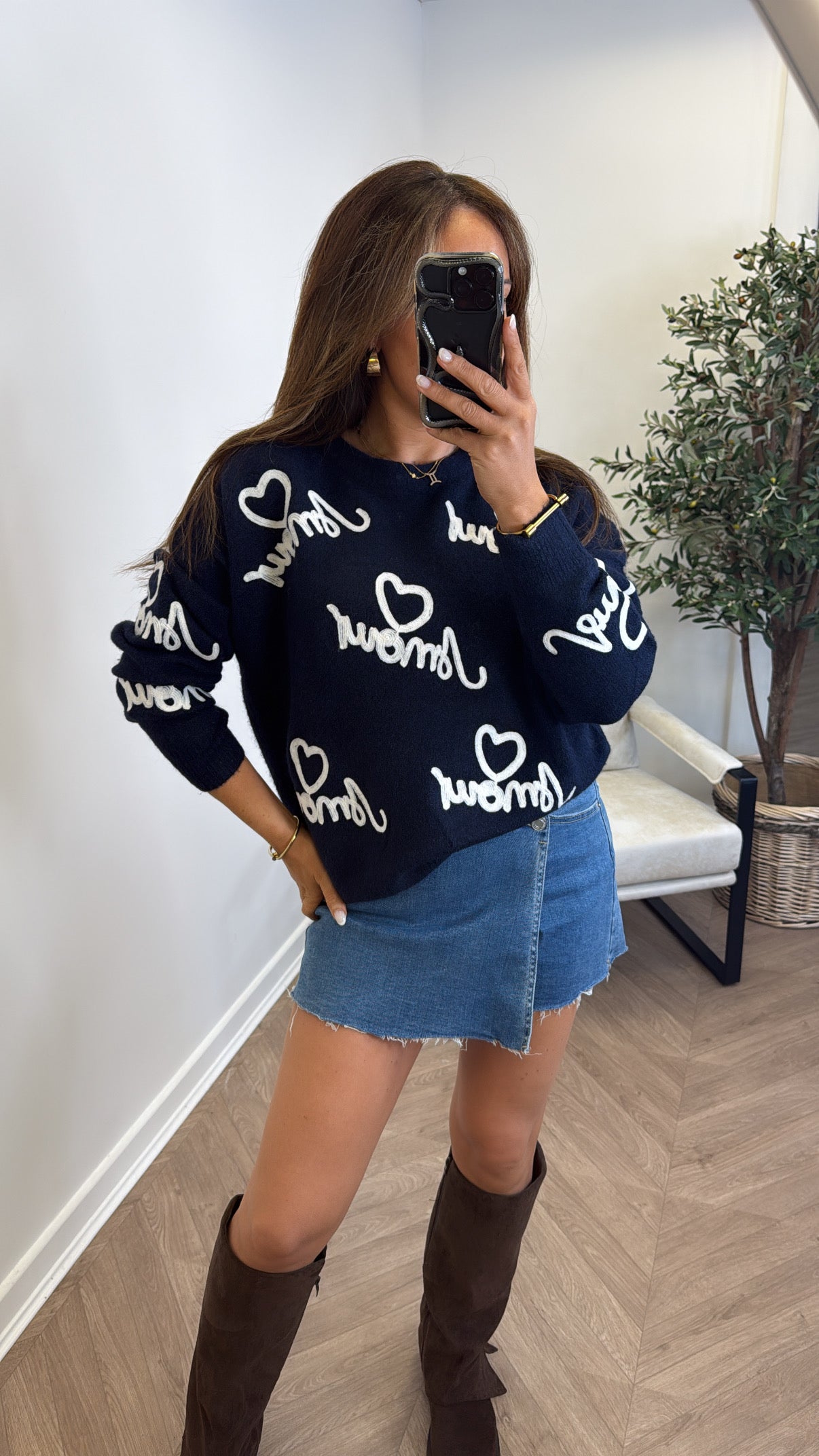 AMOUR navy fluffy jumper with embroidered detail