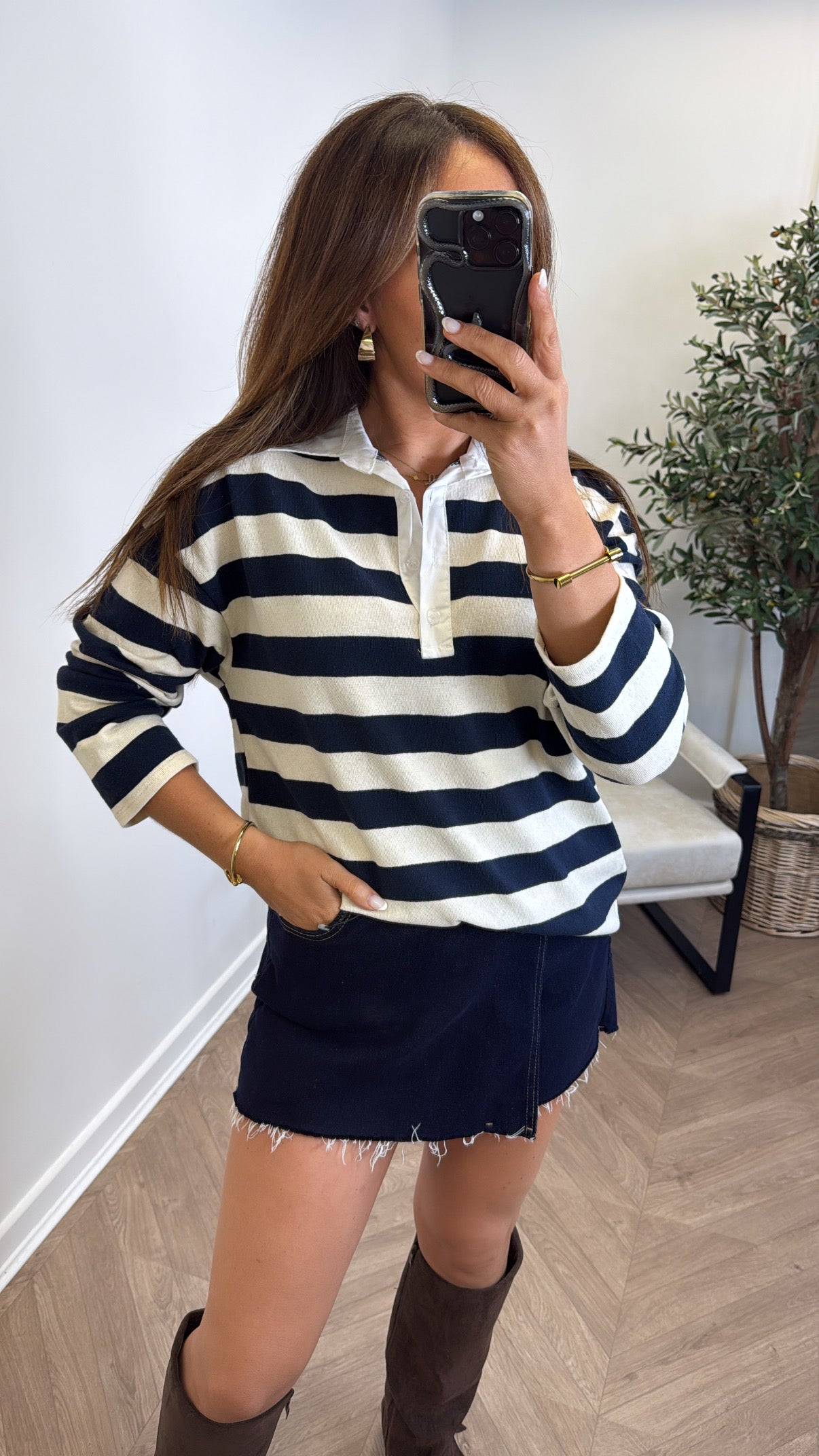 TAYLOR navy and cream stripe long sleeve polo top