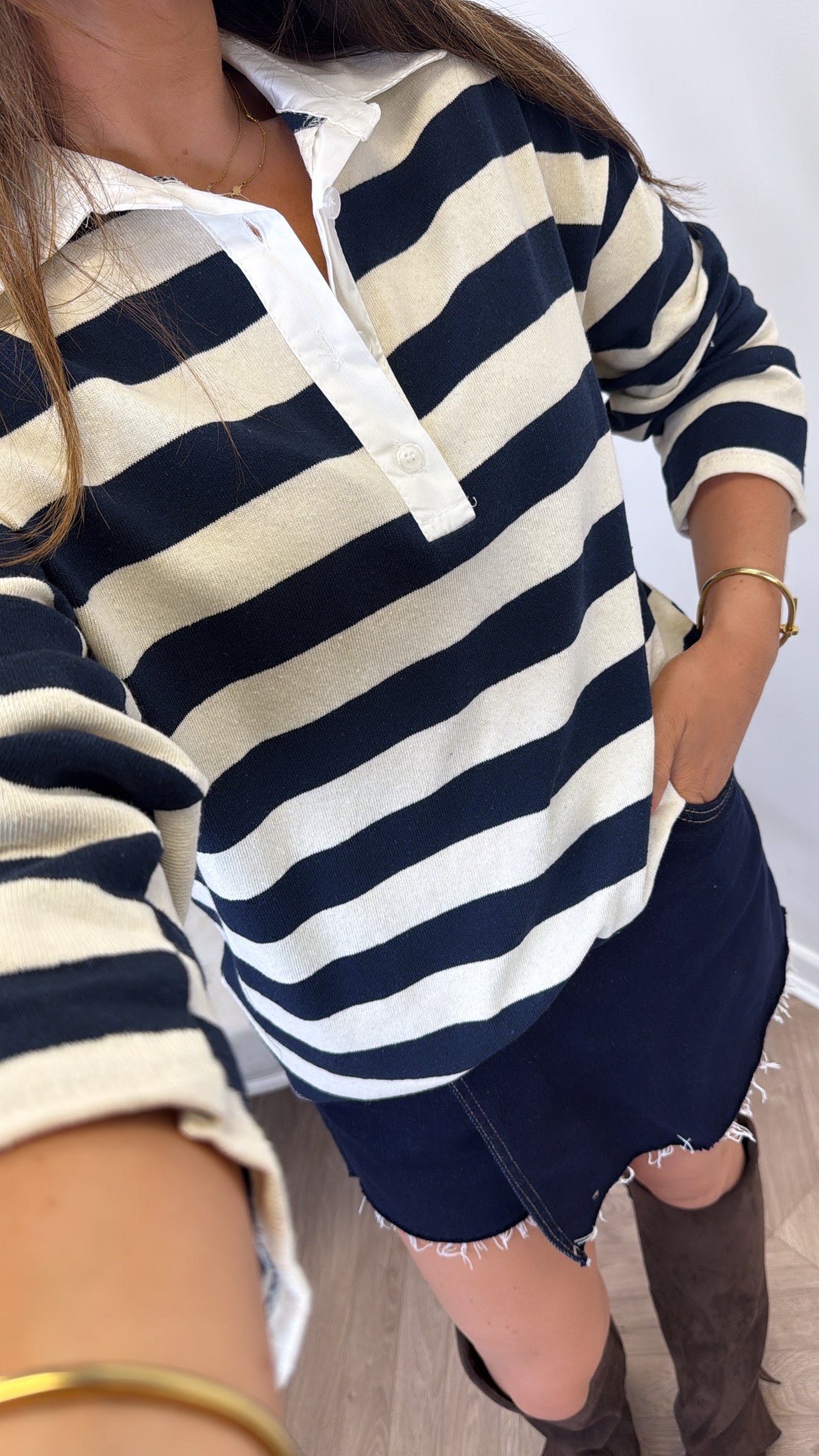 TAYLOR navy and cream stripe long sleeve polo top