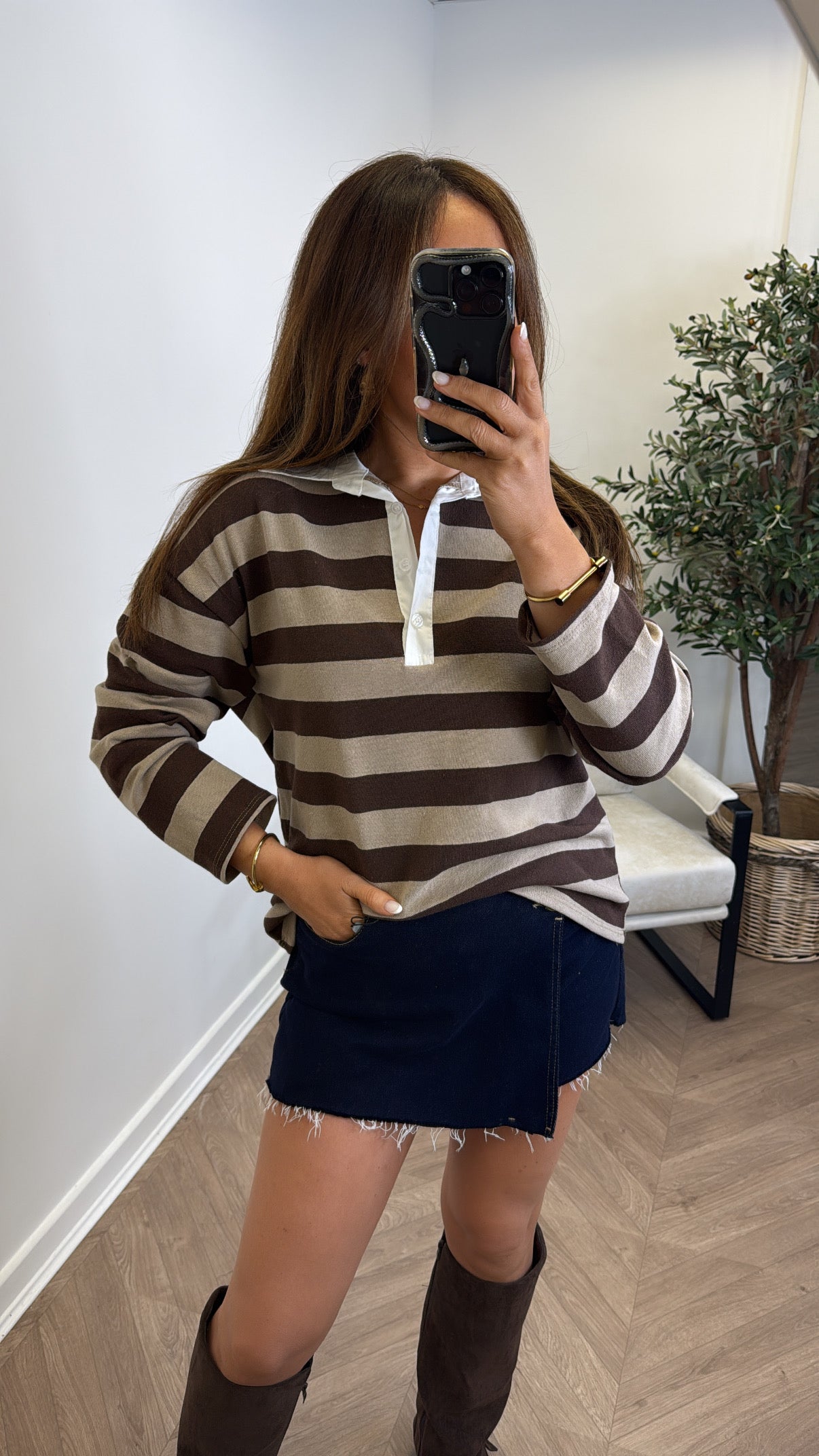 TAYLOR beige and brown stripe long sleeve polo top