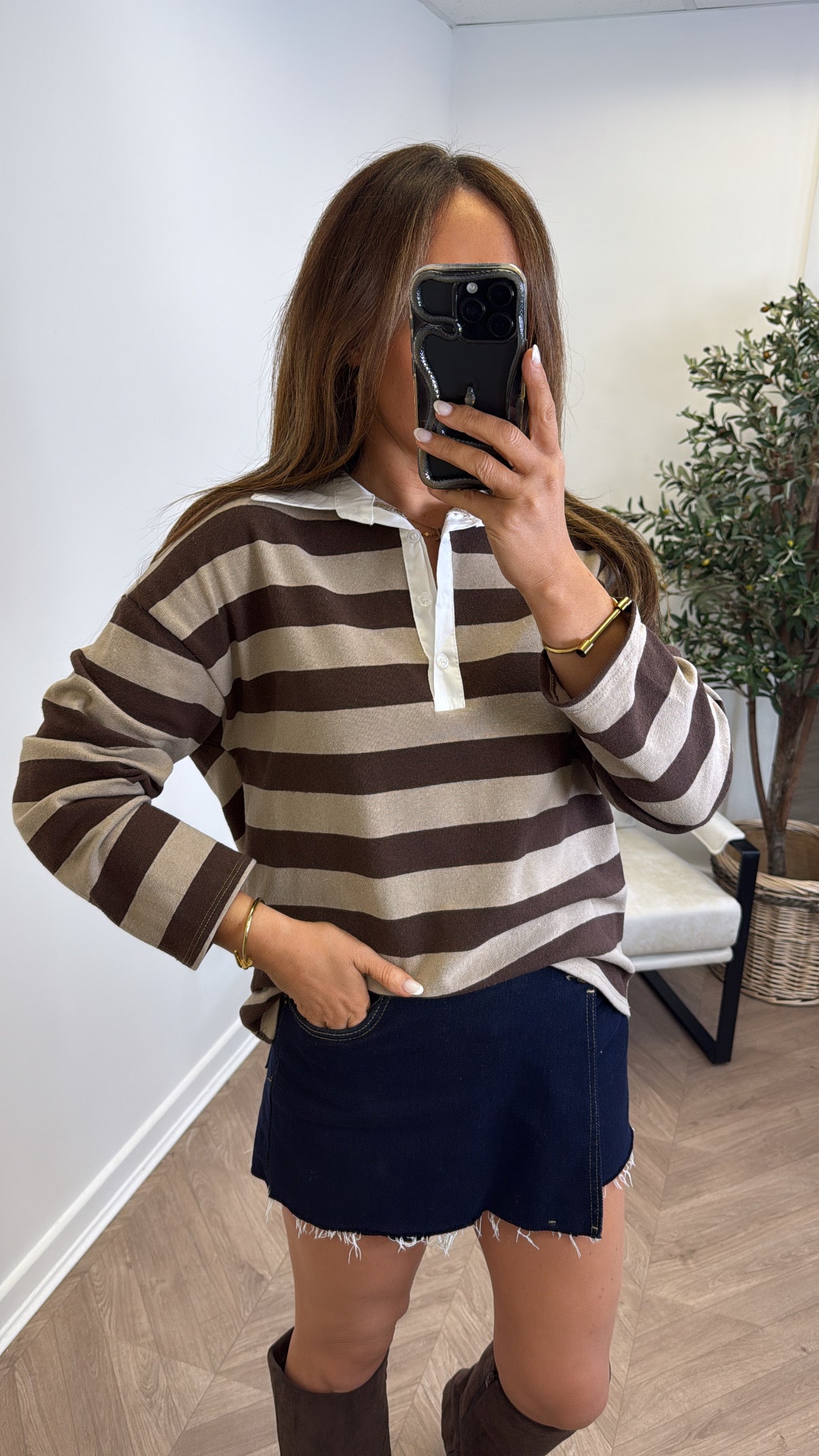 TAYLOR beige and brown stripe long sleeve polo top