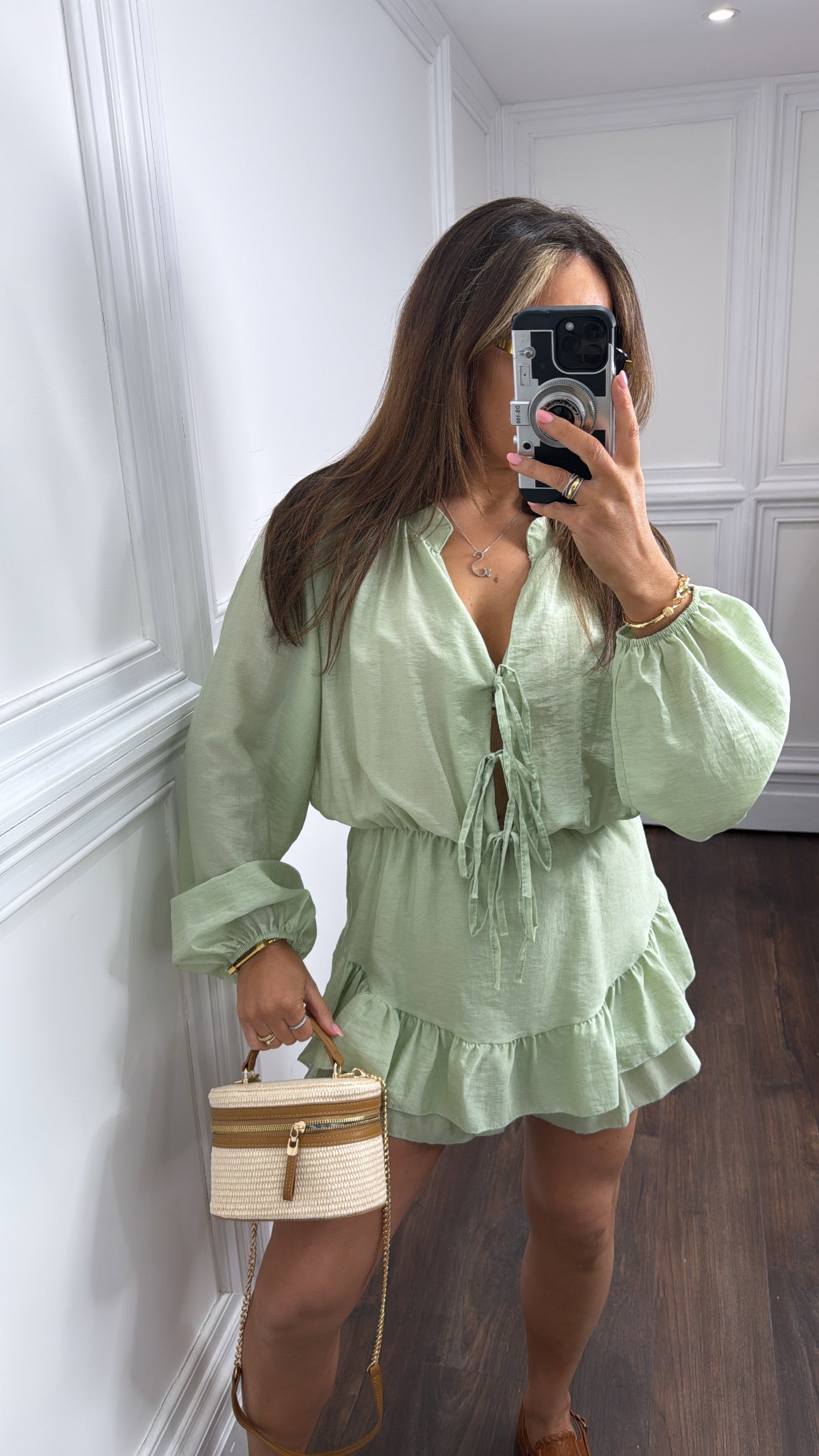 LORETTA apple green tie front playsuit