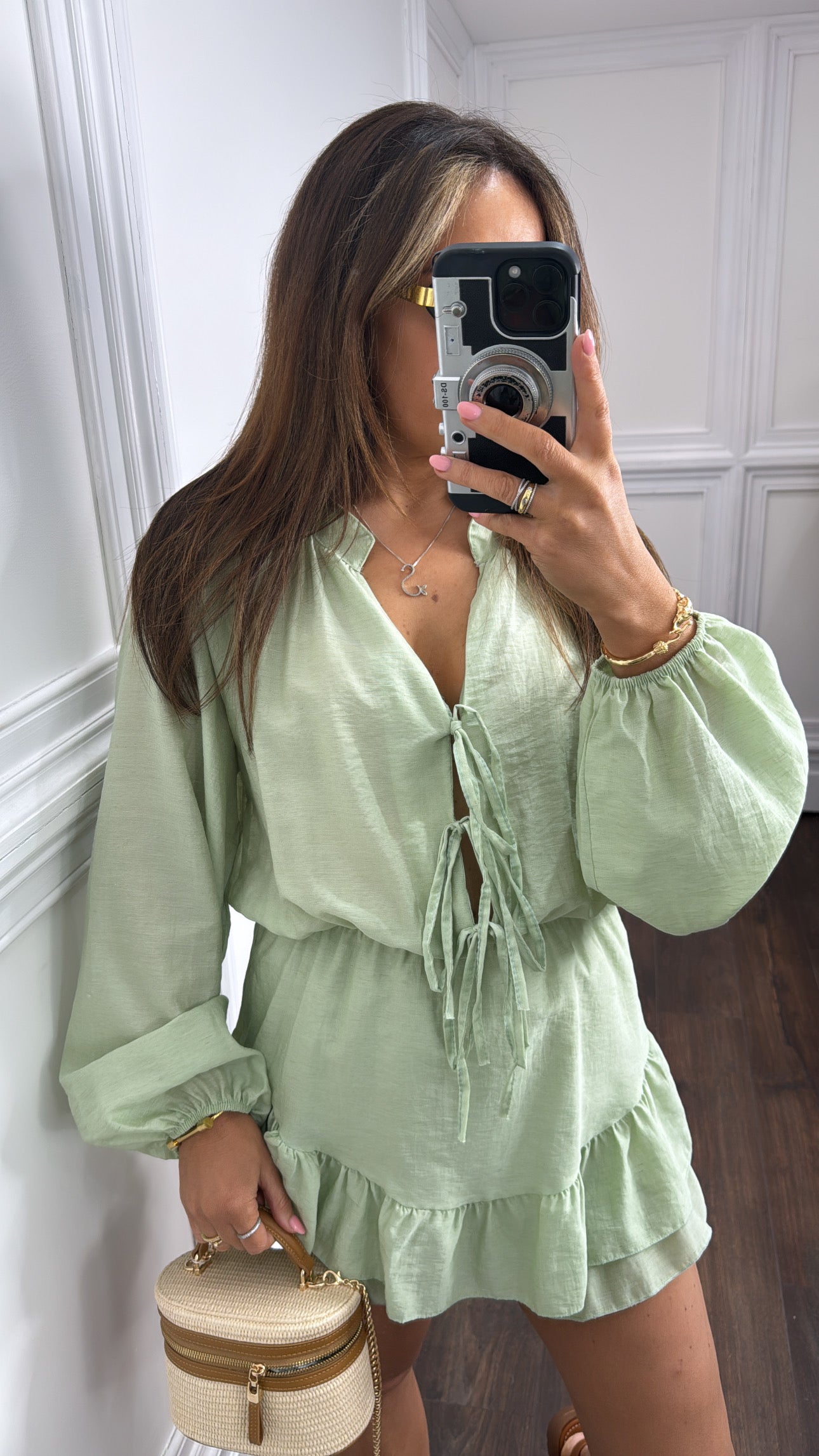 LORETTA apple green tie front playsuit