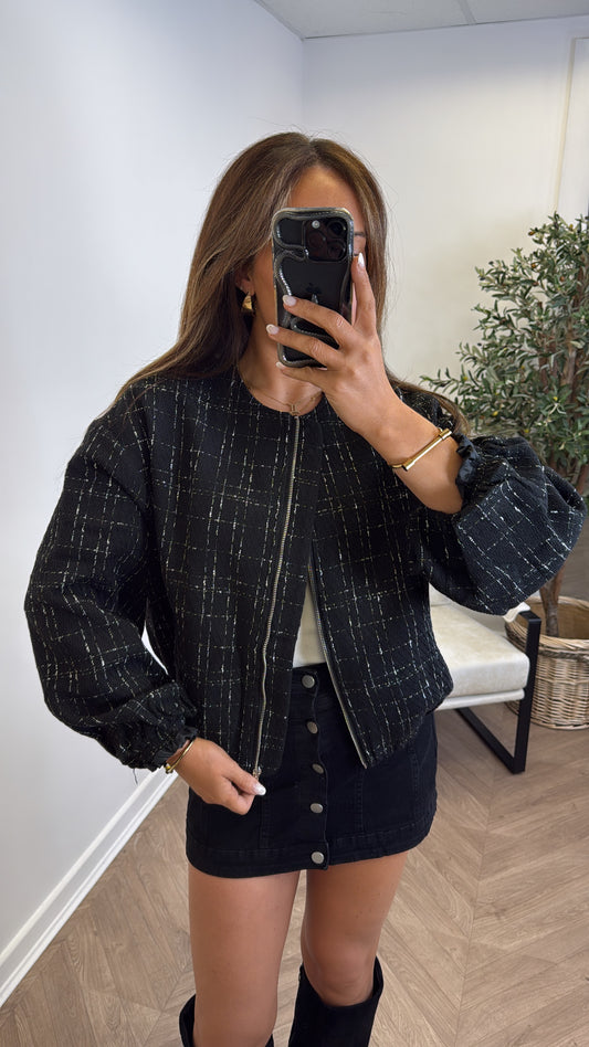LORNA black textured bomber jacket