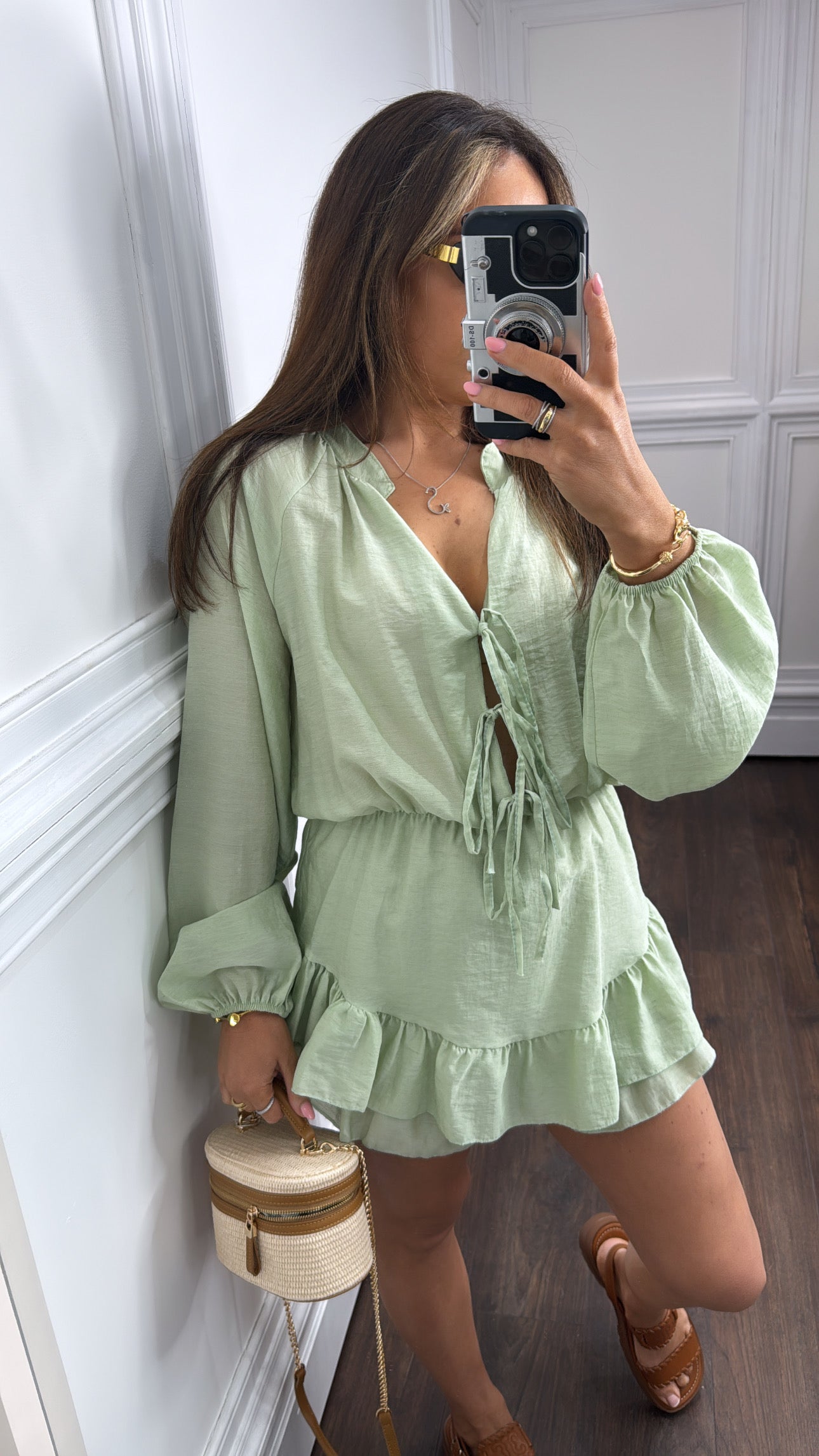 LORETTA apple green tie front playsuit