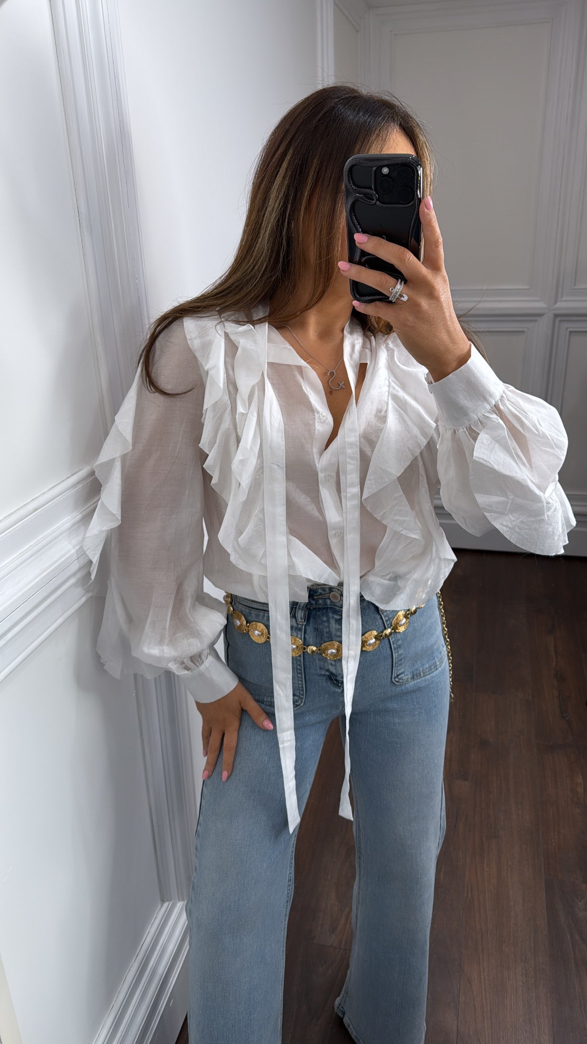 CAMILA white sheer ruffle detail blouse